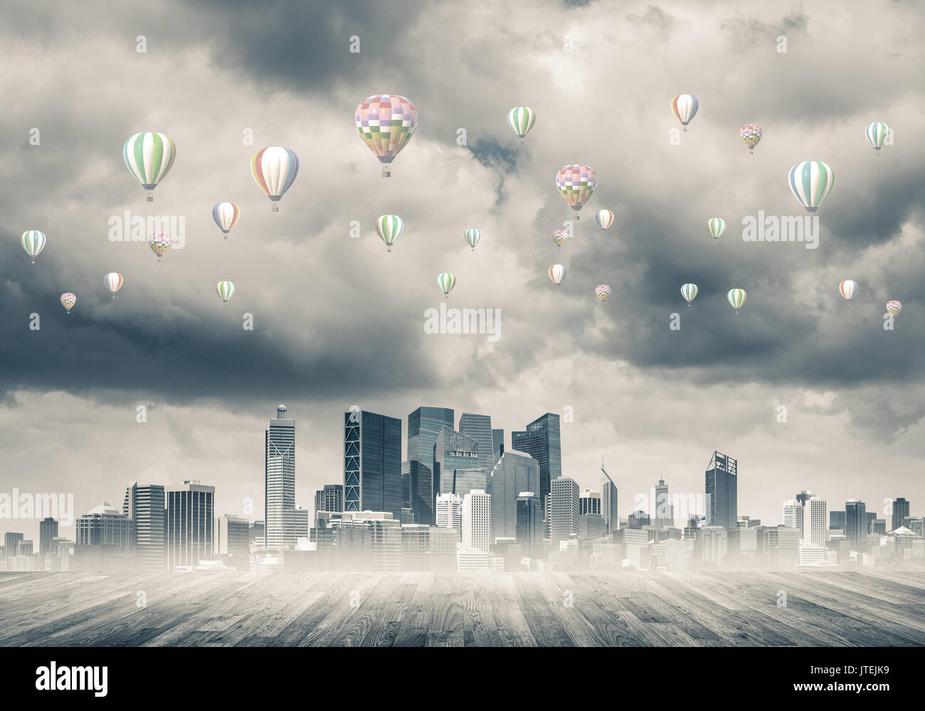 Concept of air pollution concept with aerostats flying above cit Stock ...