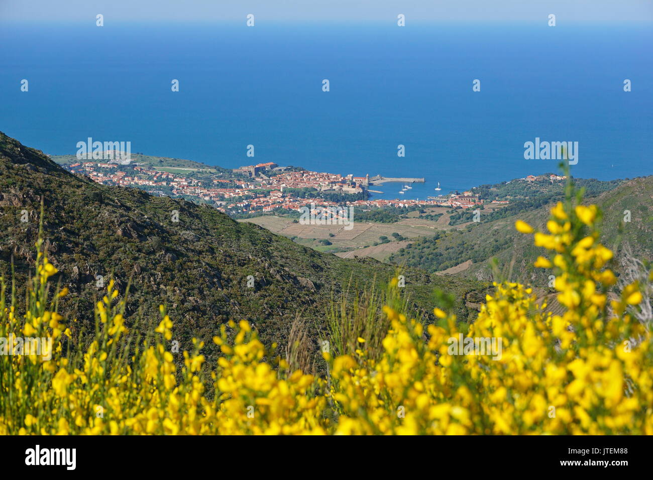 Coastal village landscape Collioure on the shore of the Mediterranean sea, seen from the heights, Vermilion coast, France, Roussillon Stock Photo