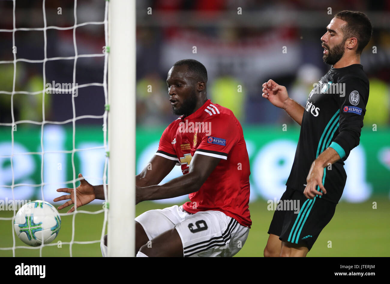 Manchester United's Romelu Lukaku grabs the ball as he celebrates scoring his side's first goal of the game during the UEFA Super Cup match at the Philip II Arena, Skopje, Macedonia. Stock Photo
