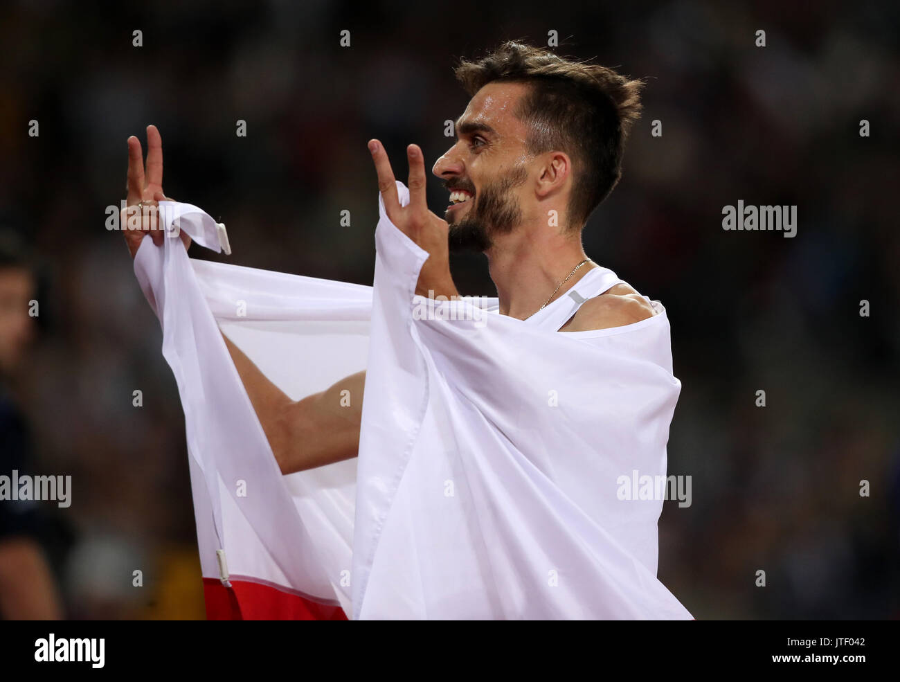 Poland's Adam Kszczot celebrates silver in the Men's 800m Final during day five of the 2017 IAAF World Championships at the London Stadium. Stock Photo