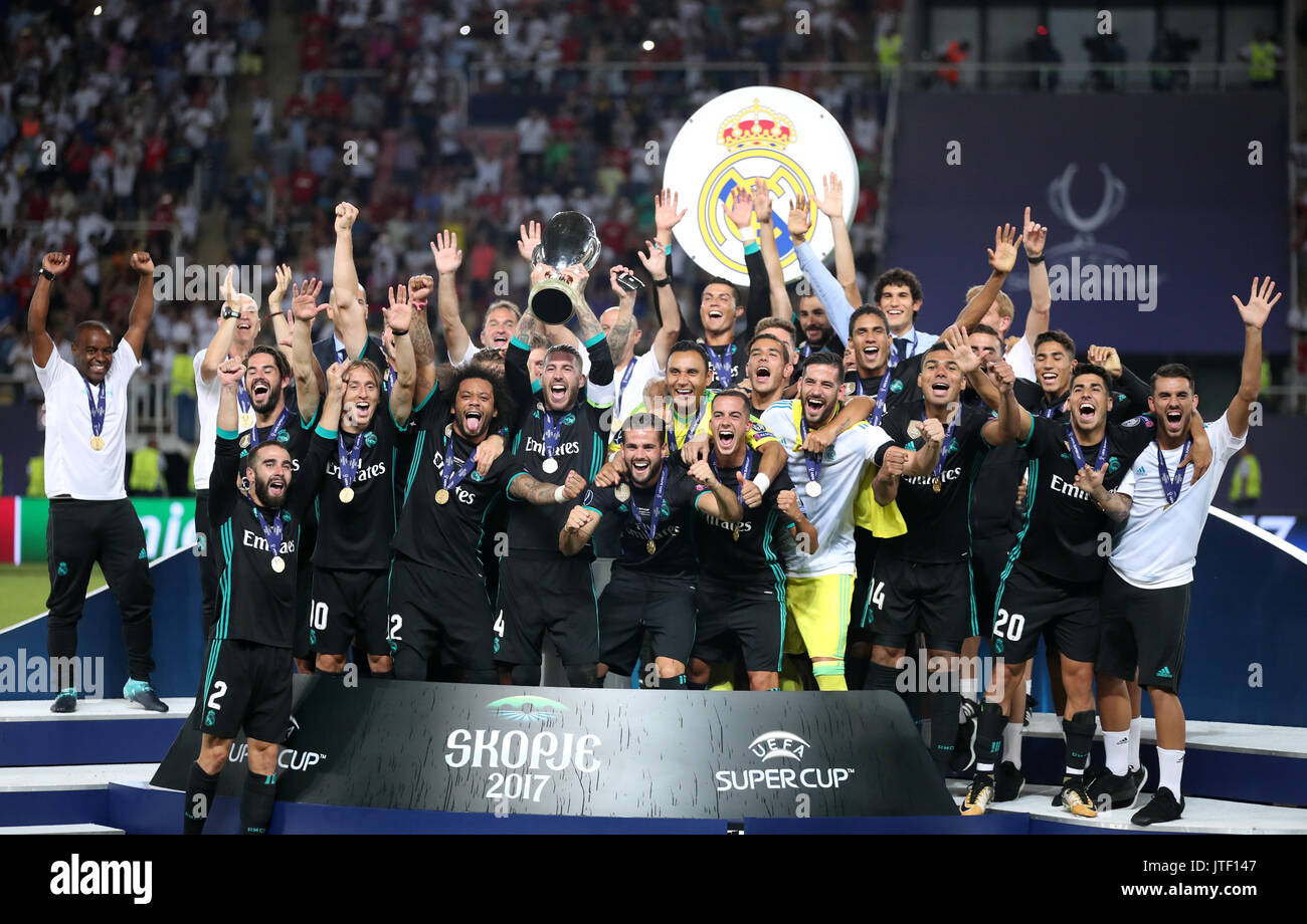 Real Madrid's Sergio Ramos lifts the UEFA Super Cup Trophy during the ...