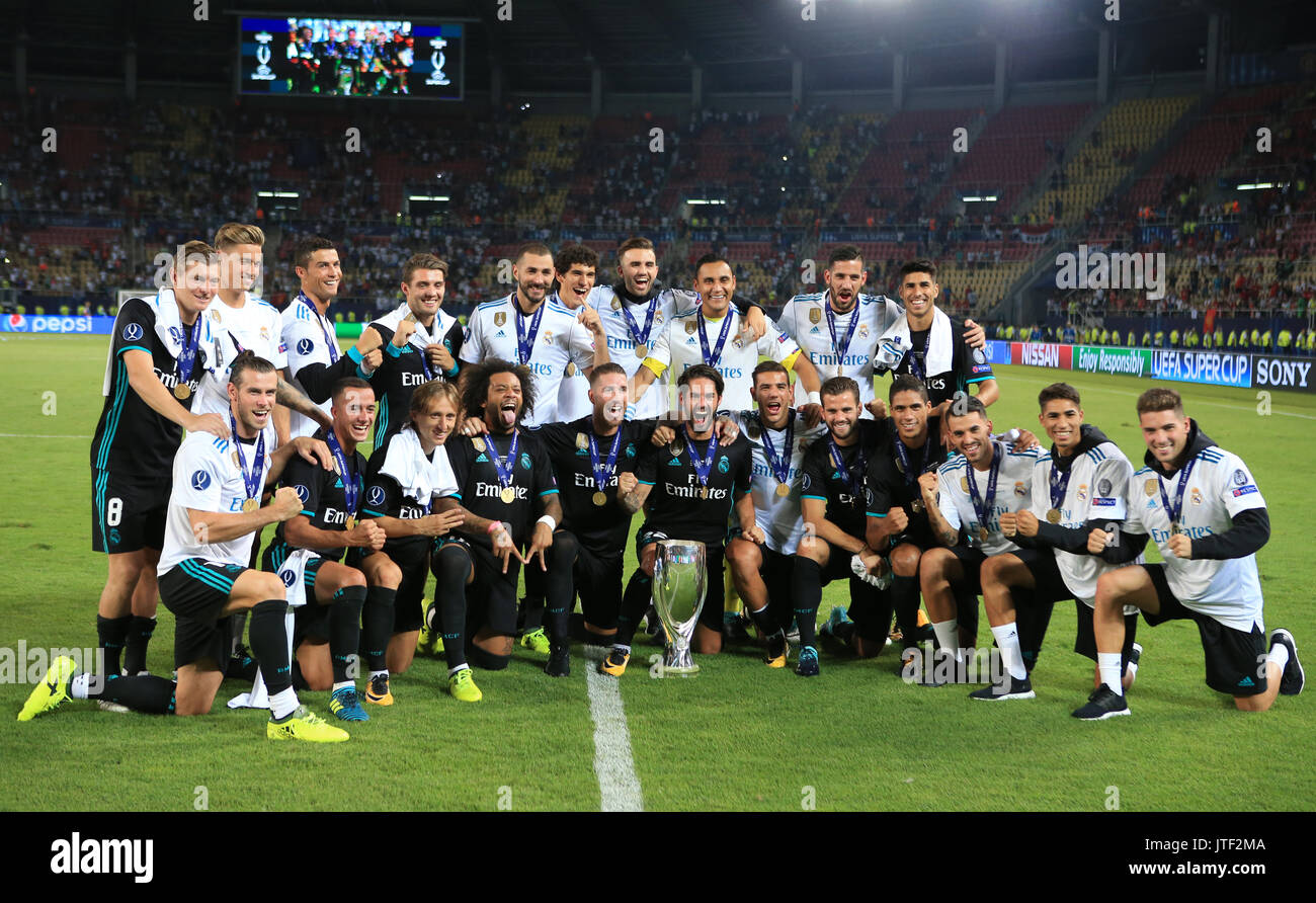 Real Madrid players celebrate with the UEFA Super Cup Trophy during the ...