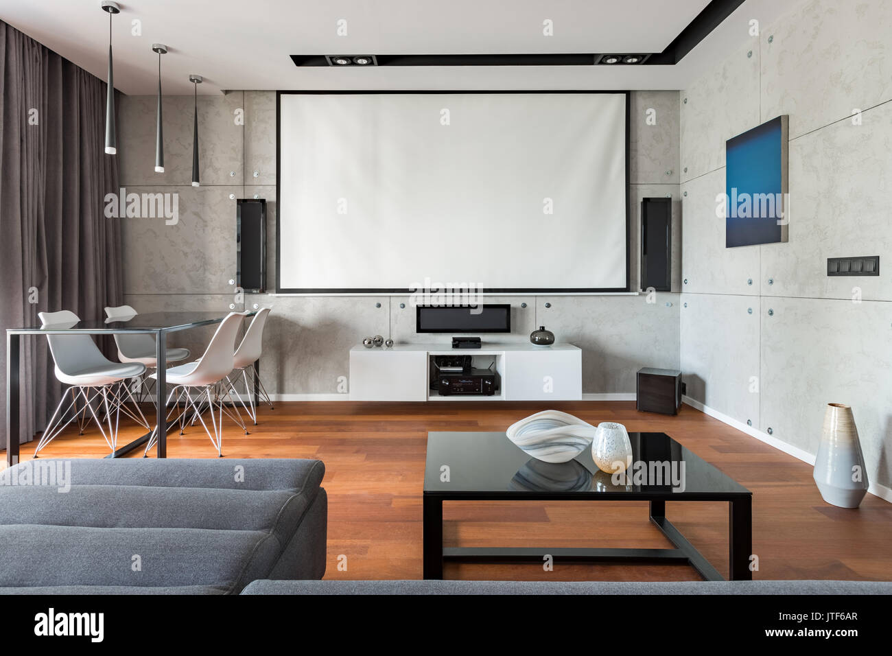 Home Interior With Projector Screen Table Chairs And