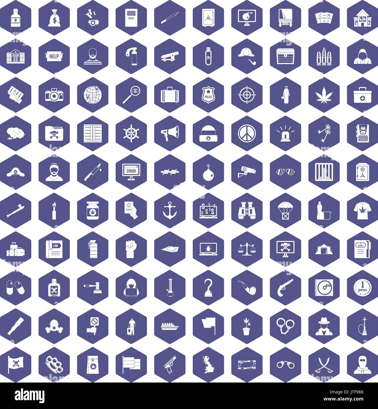 100 crime investigation icons hexagon purple Stock Vector