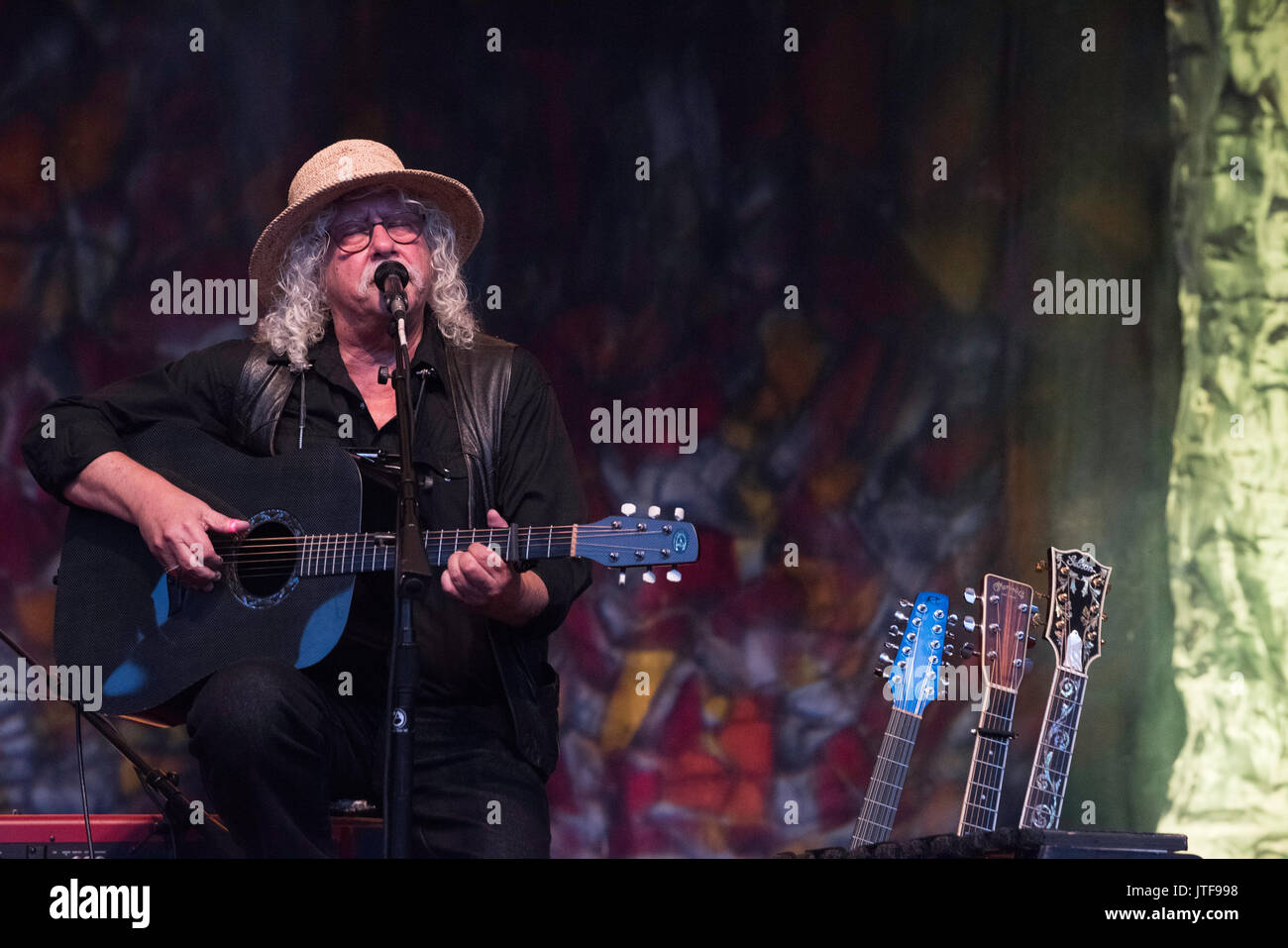 Arlo Guthrie and daughter Sarah Lee perform live at Long's Park concert, Lancaster, PA.  Songs included Alice's Restaurant,  City of New Orleans. Stock Photo