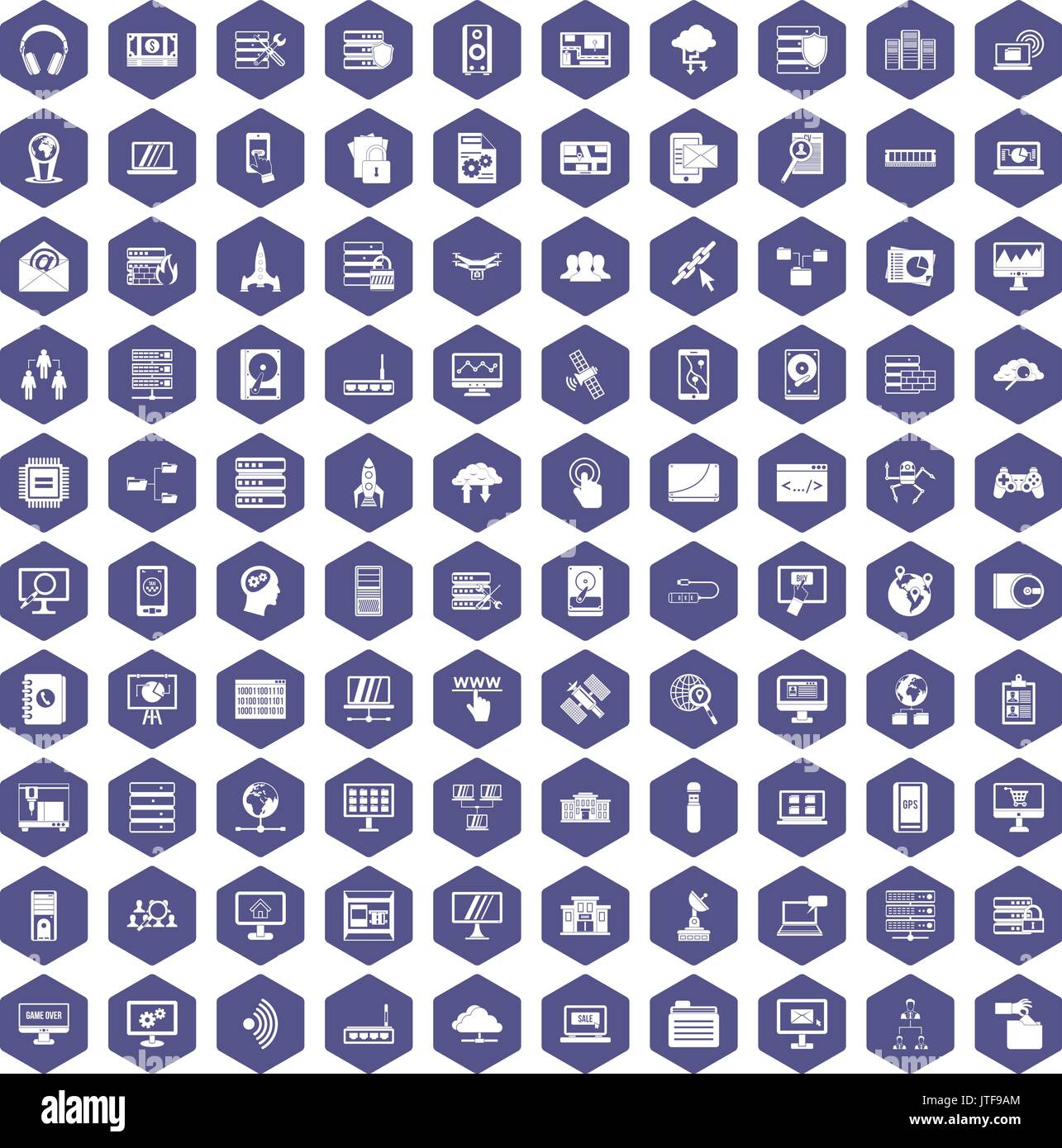100 database and cloud icons hexagon purple Stock Vector