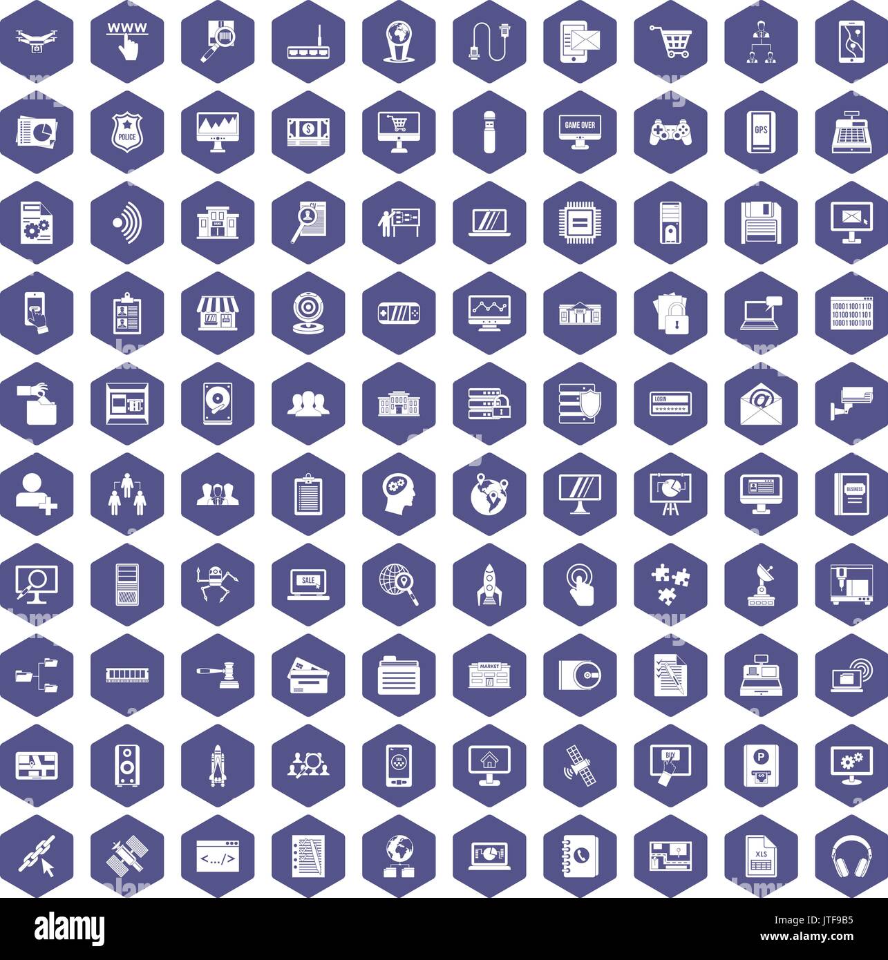 100 database icons hexagon purple Stock Vector