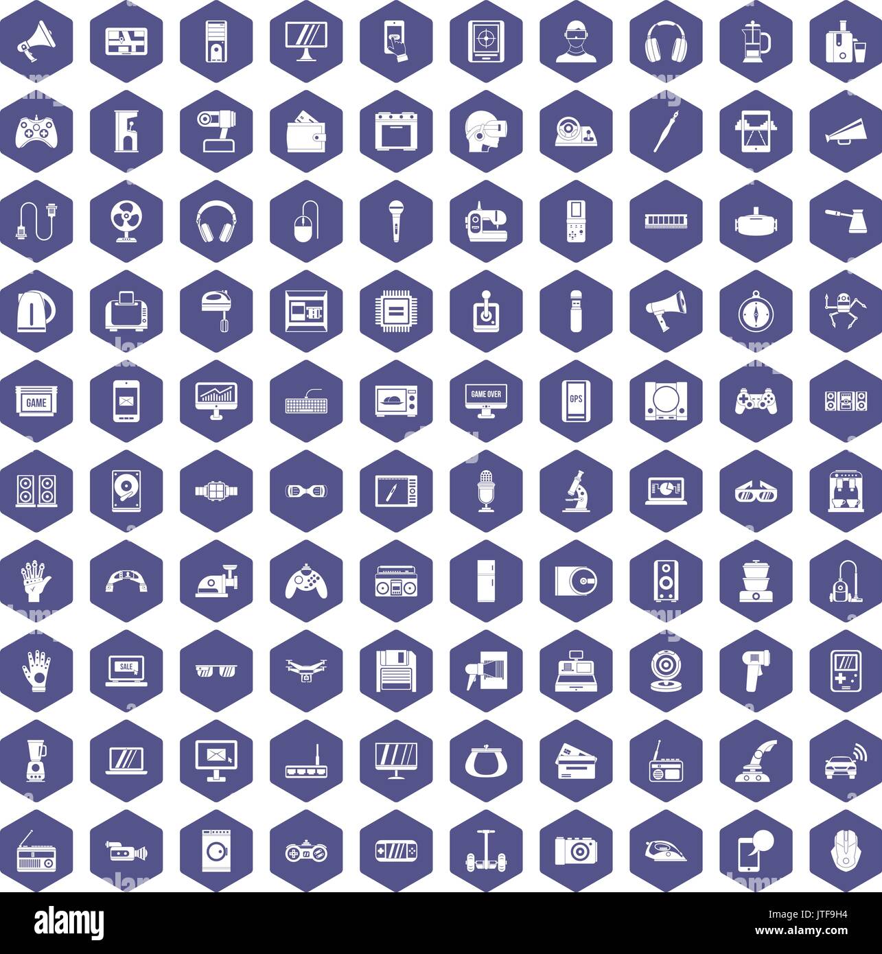 100 device app icons hexagon purple Stock Vector