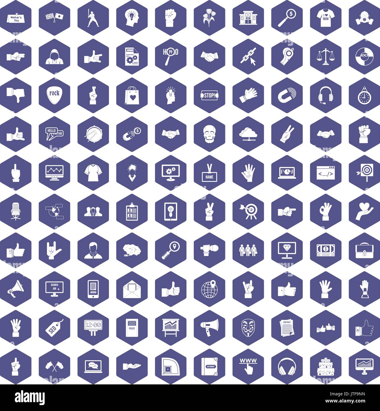 100 different gestures icons hexagon purple Stock Vector