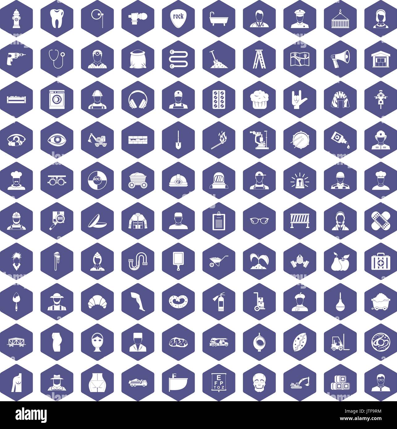 100 different professions icons hexagon purple Stock Vector