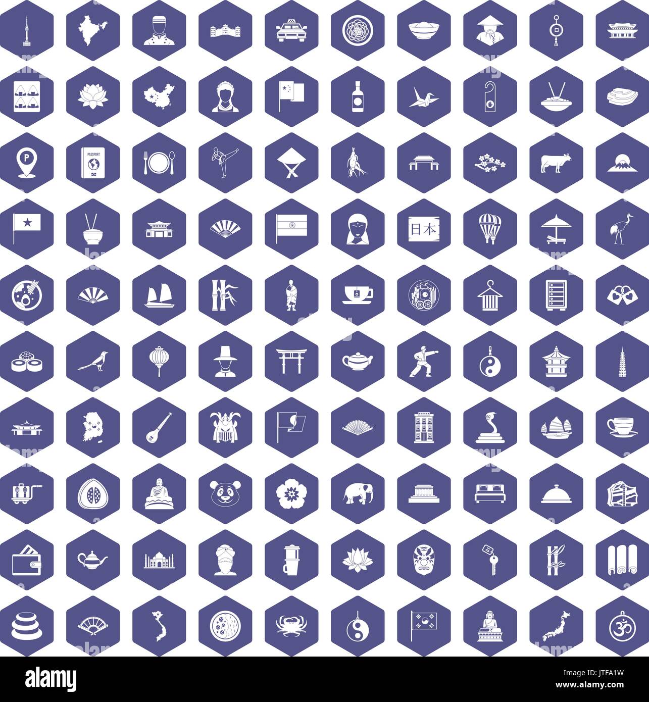 100 dish icons hexagon purple Stock Vector