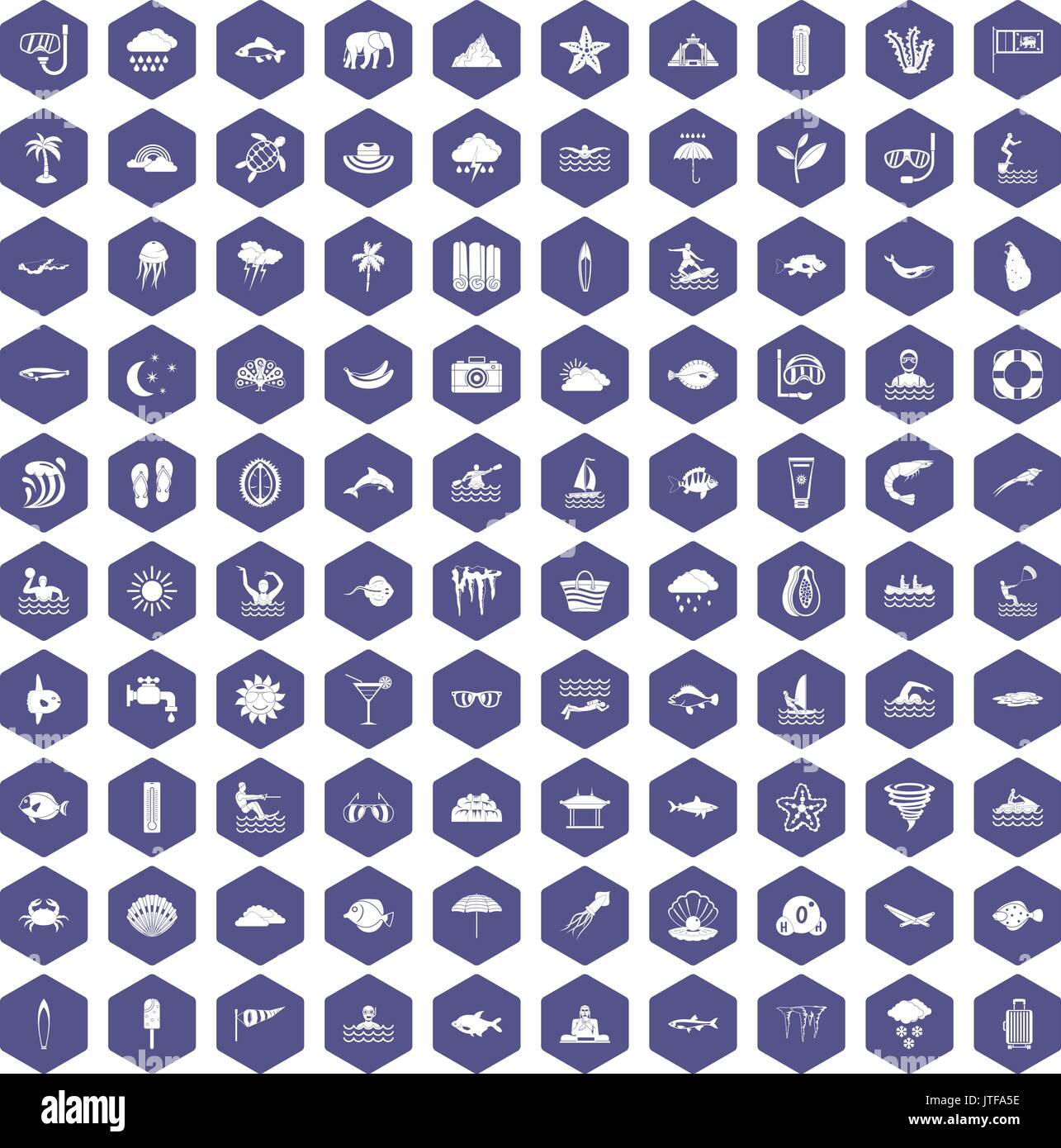 100 diving icons hexagon purple Stock Vector