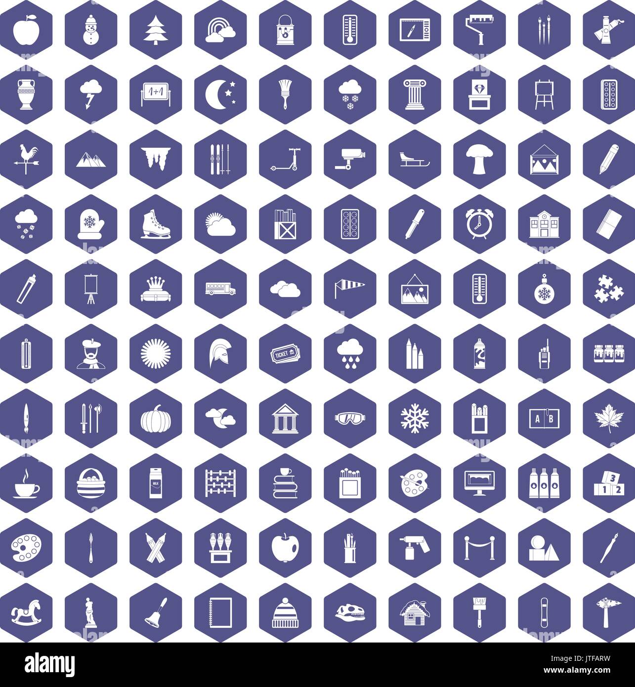 100 drawing icons hexagon purple Stock Vector