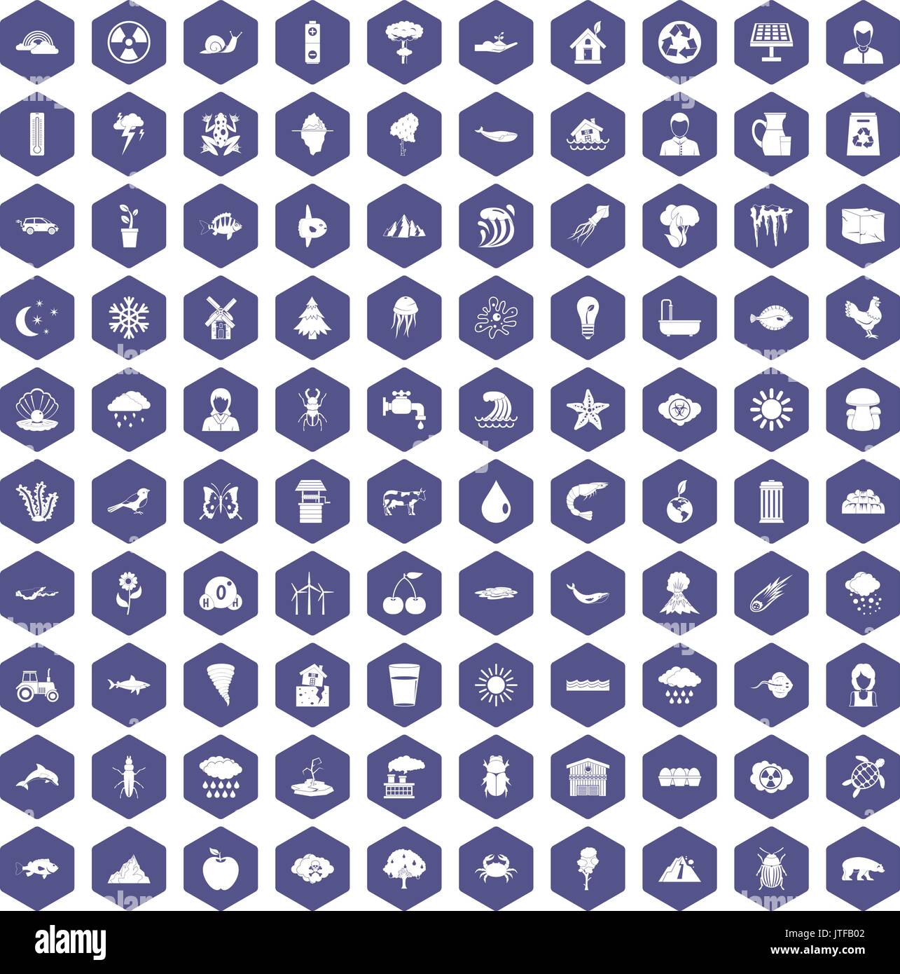 100 earth icons hexagon purple Stock Vector