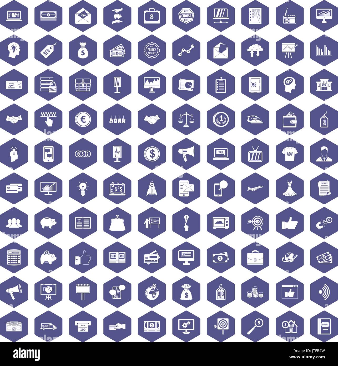 100 e-commerce icons hexagon purple Stock Vector