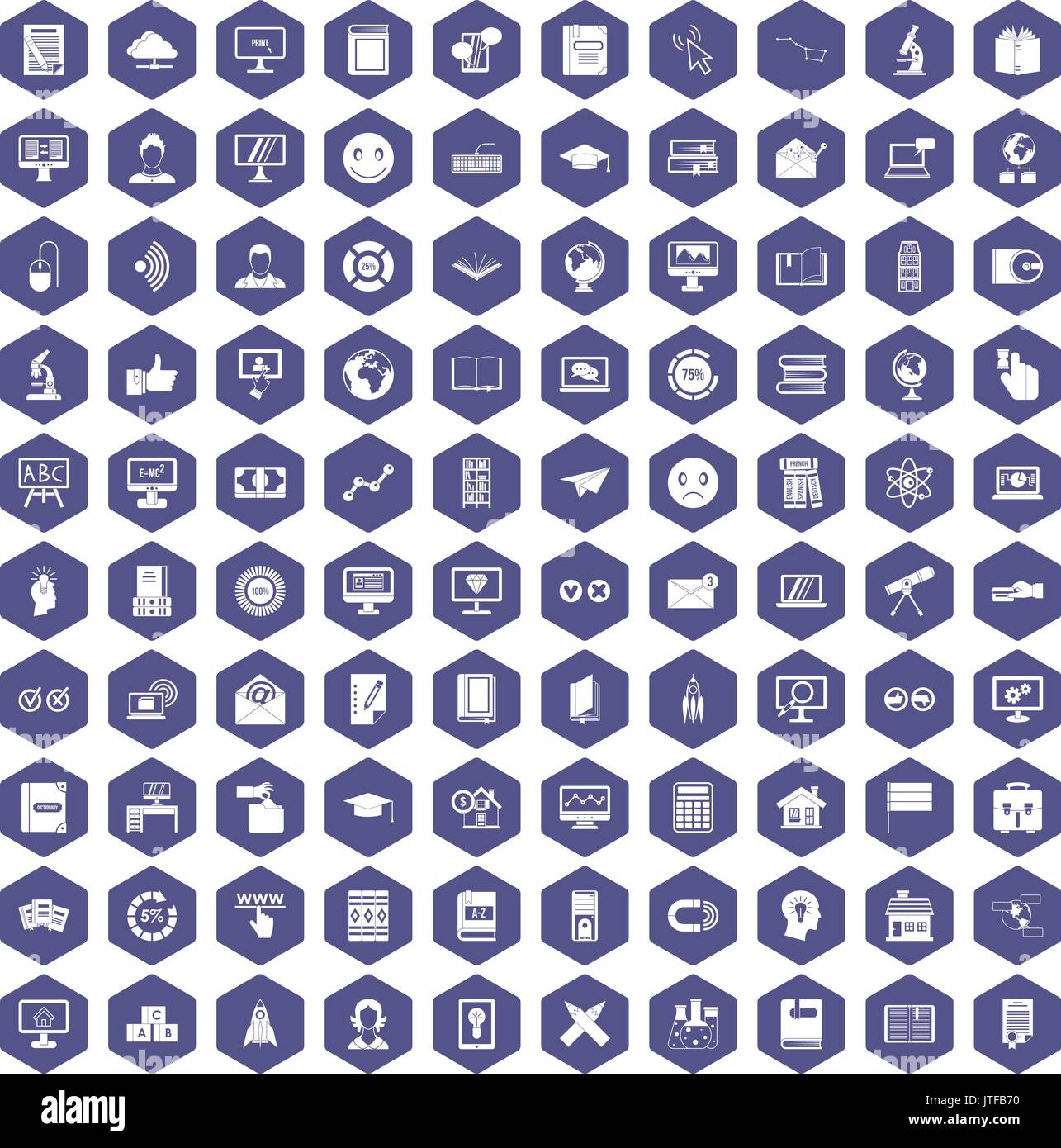 100 e-learning icons hexagon purple Stock Vector