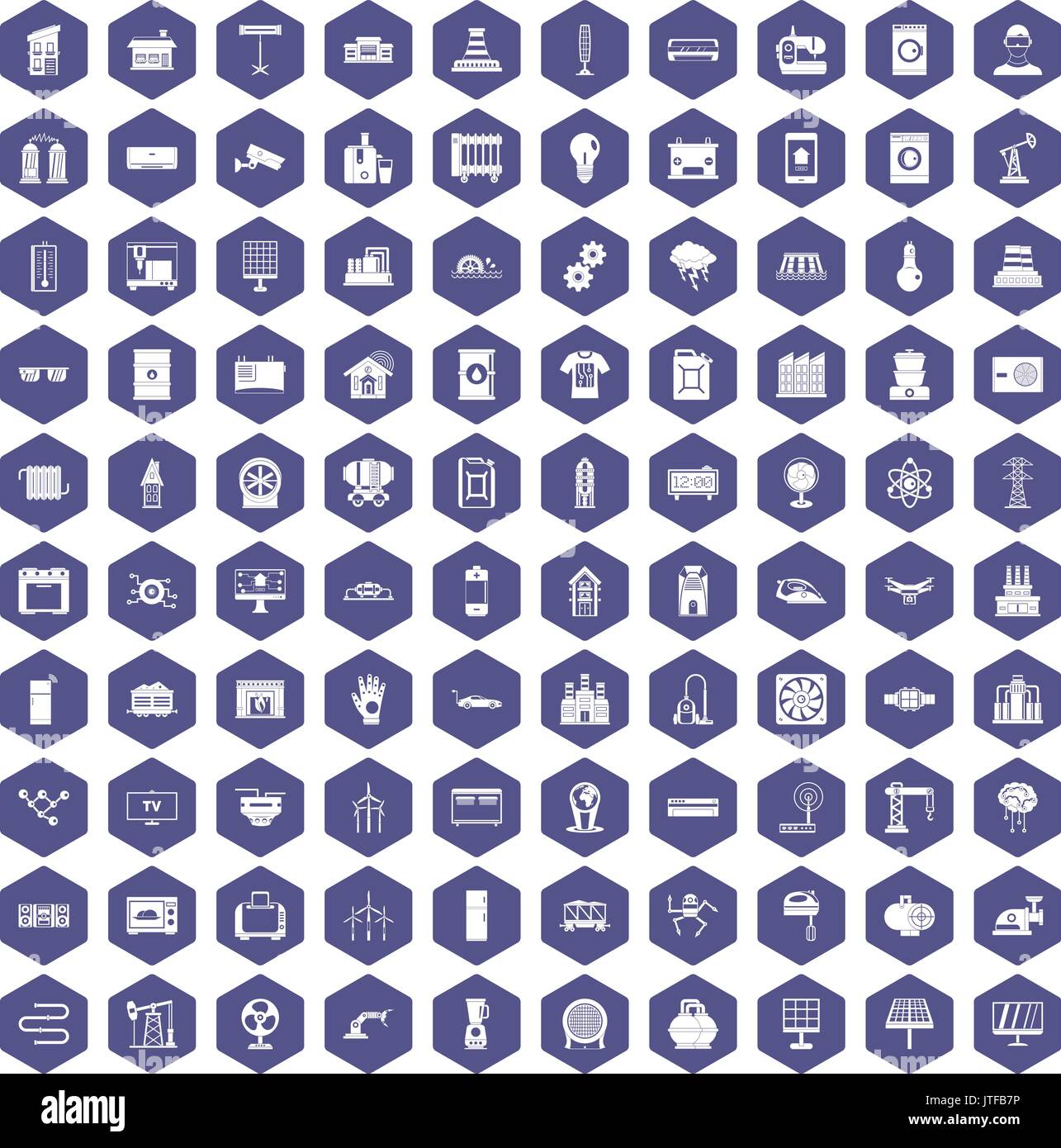 100 electrical engineering icons hexagon purple Stock Vector