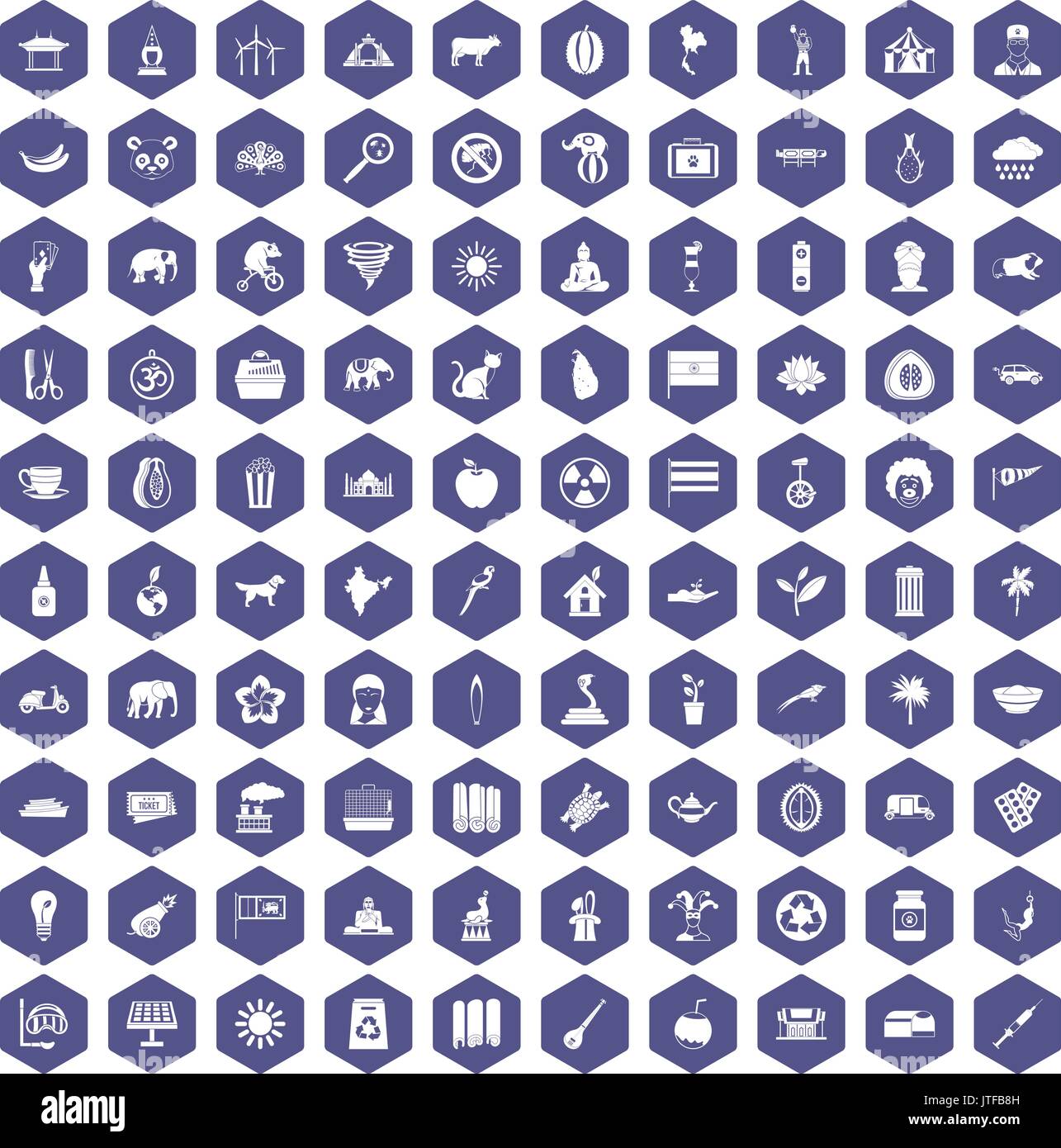 100 elephant icons hexagon purple Stock Vector