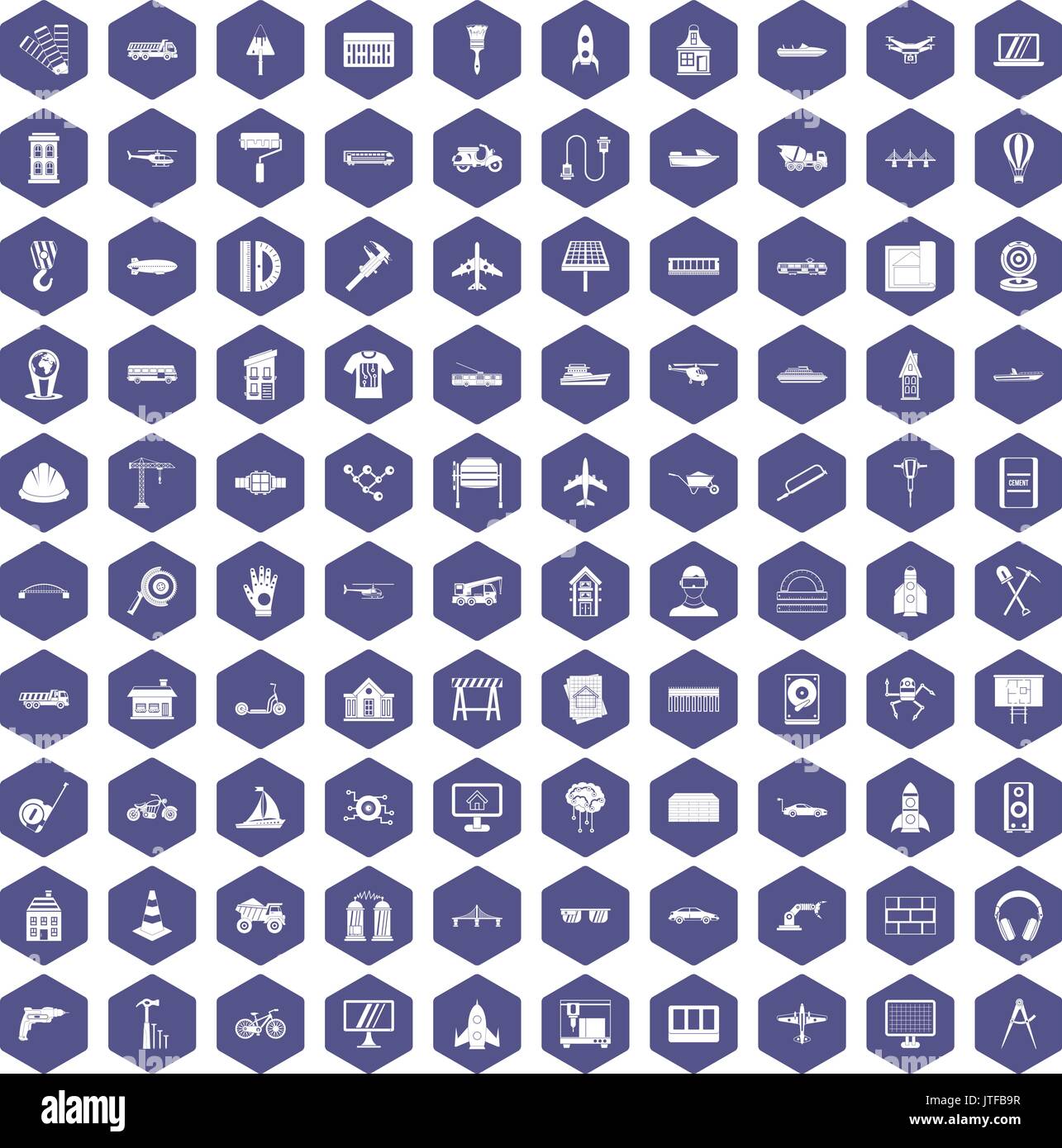 100 engineering icons hexagon purple Stock Vector