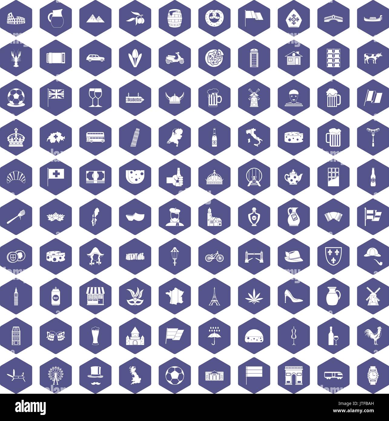 100 europe countries icons hexagon purple Stock Vector