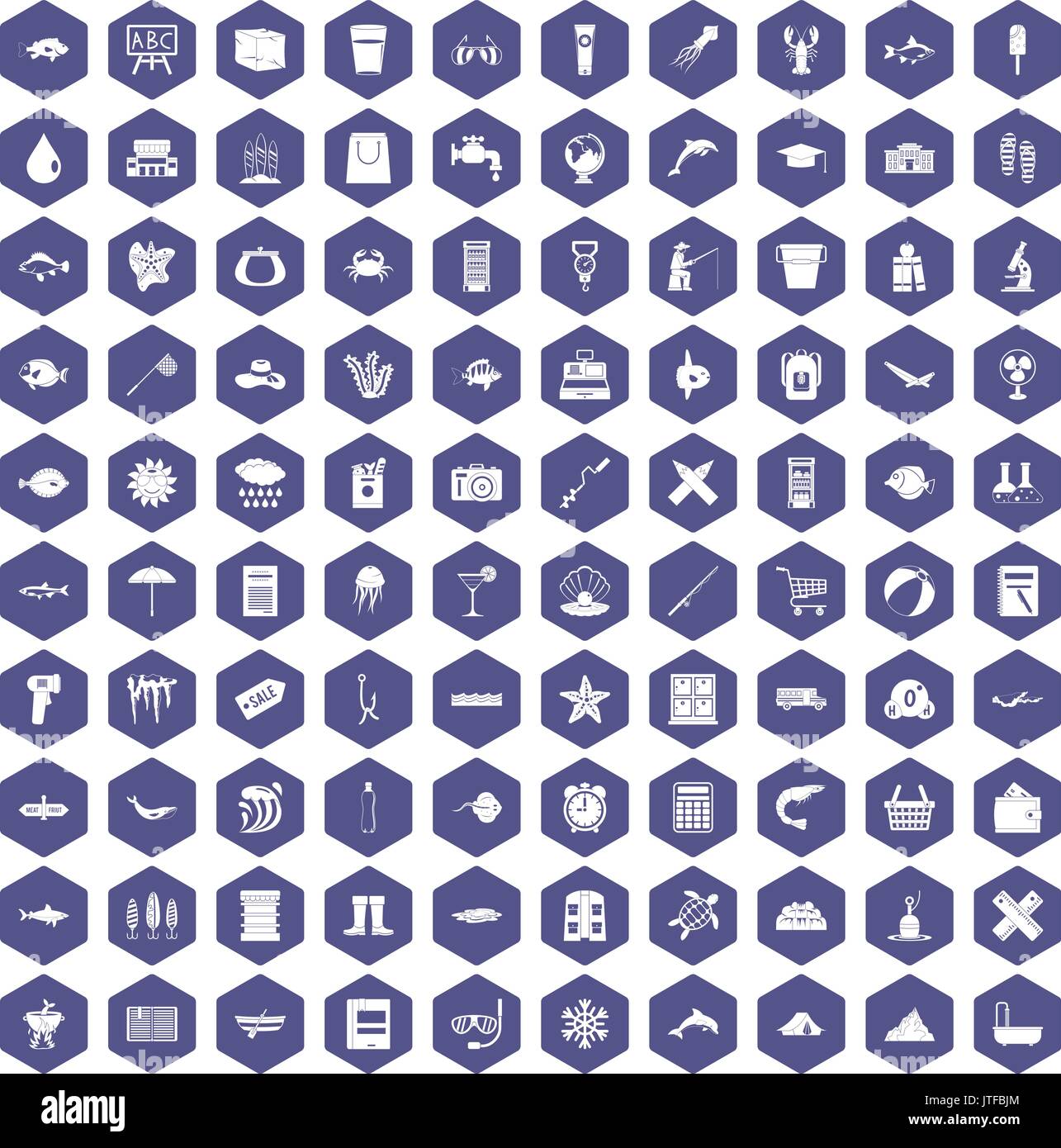 100 fish icons hexagon purple Stock Vector
