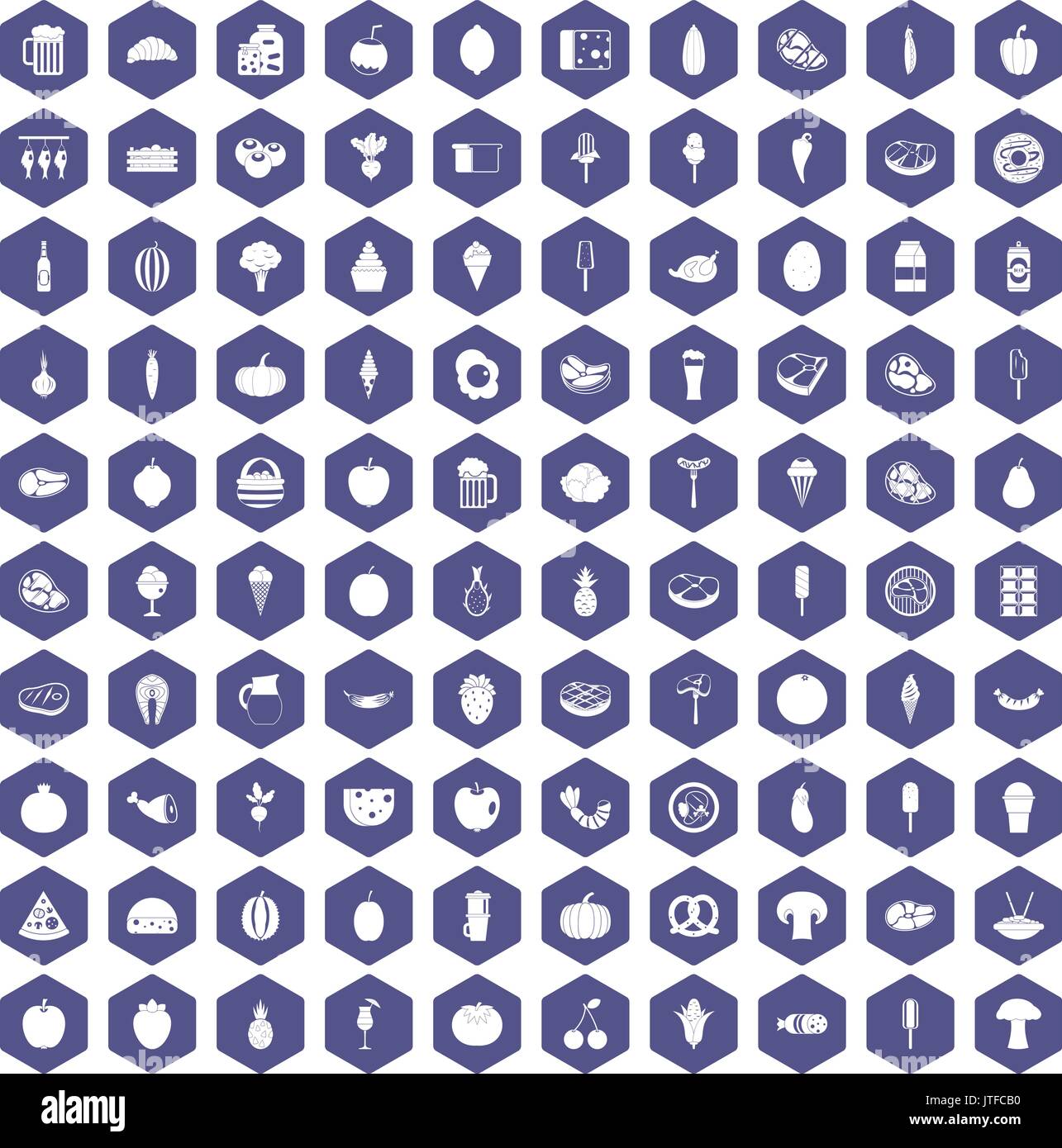 100 food icons hexagon purple Stock Vector