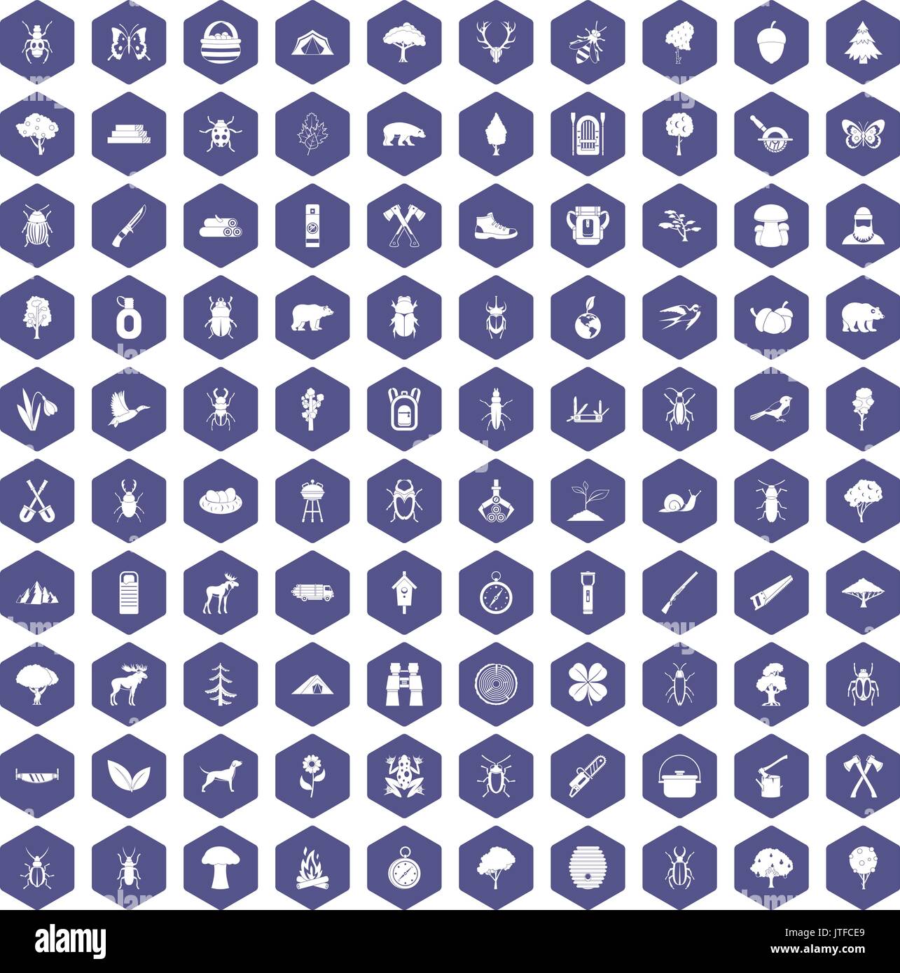 100 forest icons hexagon purple Stock Vector