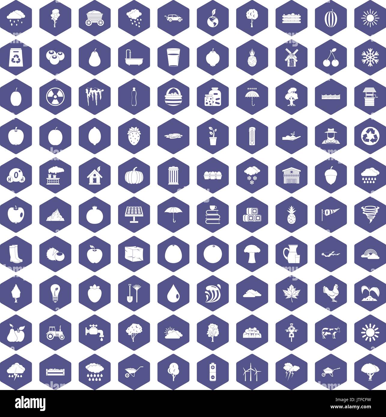 100 fruit icons hexagon purple Stock Vector