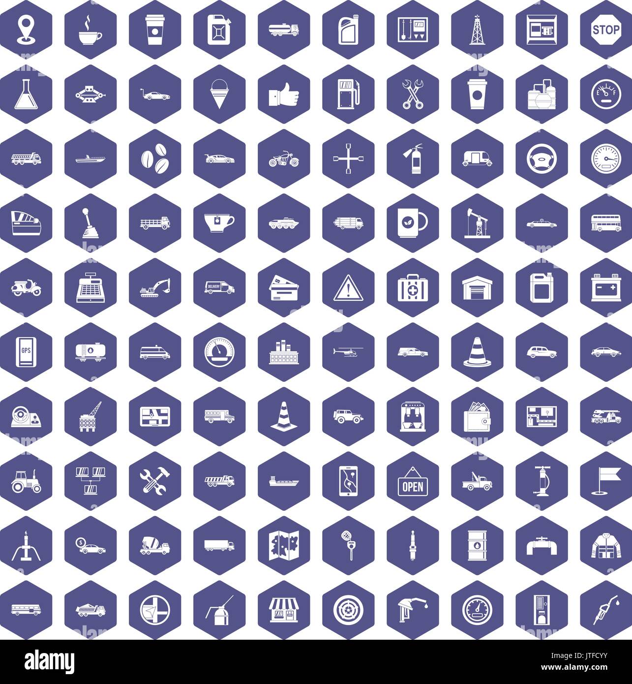 100 gas station icons hexagon purple Stock Vector