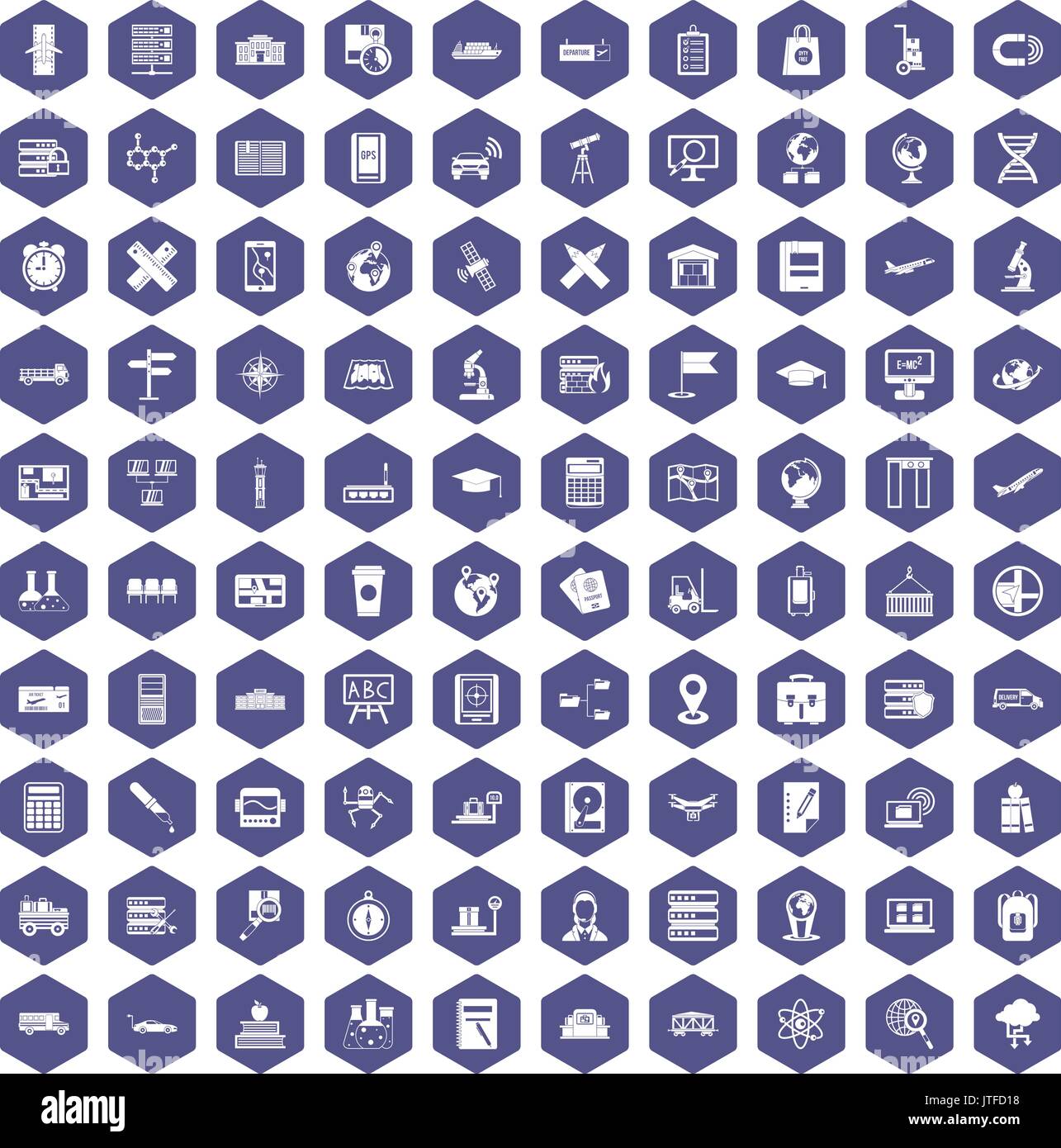 100 globe icons hexagon purple Stock Vector