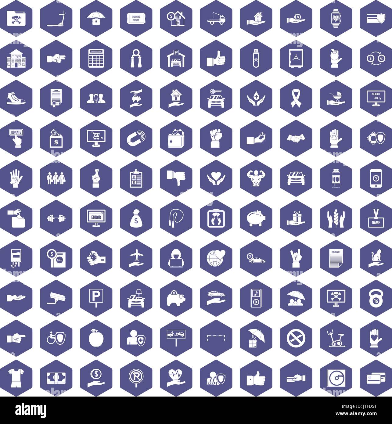 100 hand icons hexagon purple Stock Vector