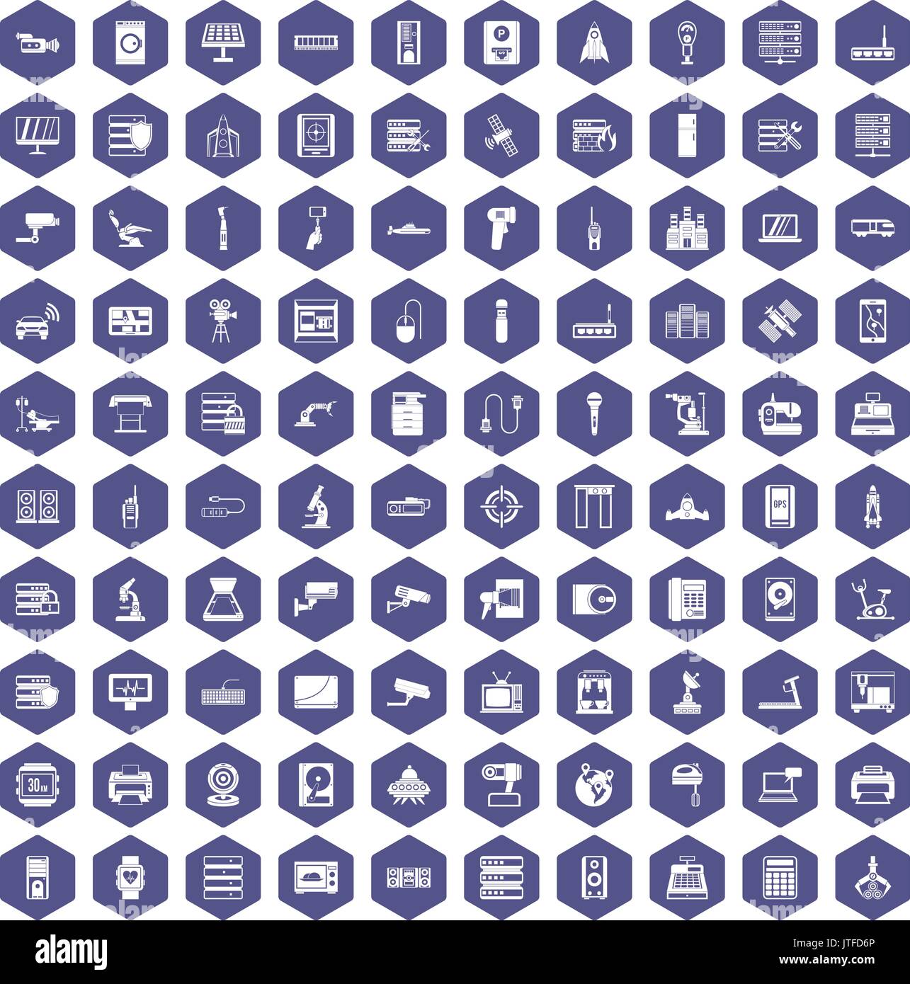 100 hardware icons hexagon purple Stock Vector