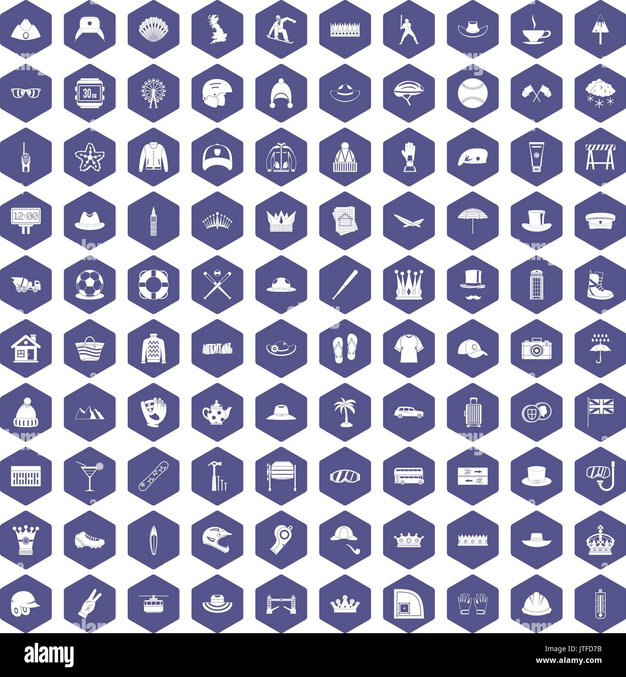 100 hat icons hexagon purple Stock Vector