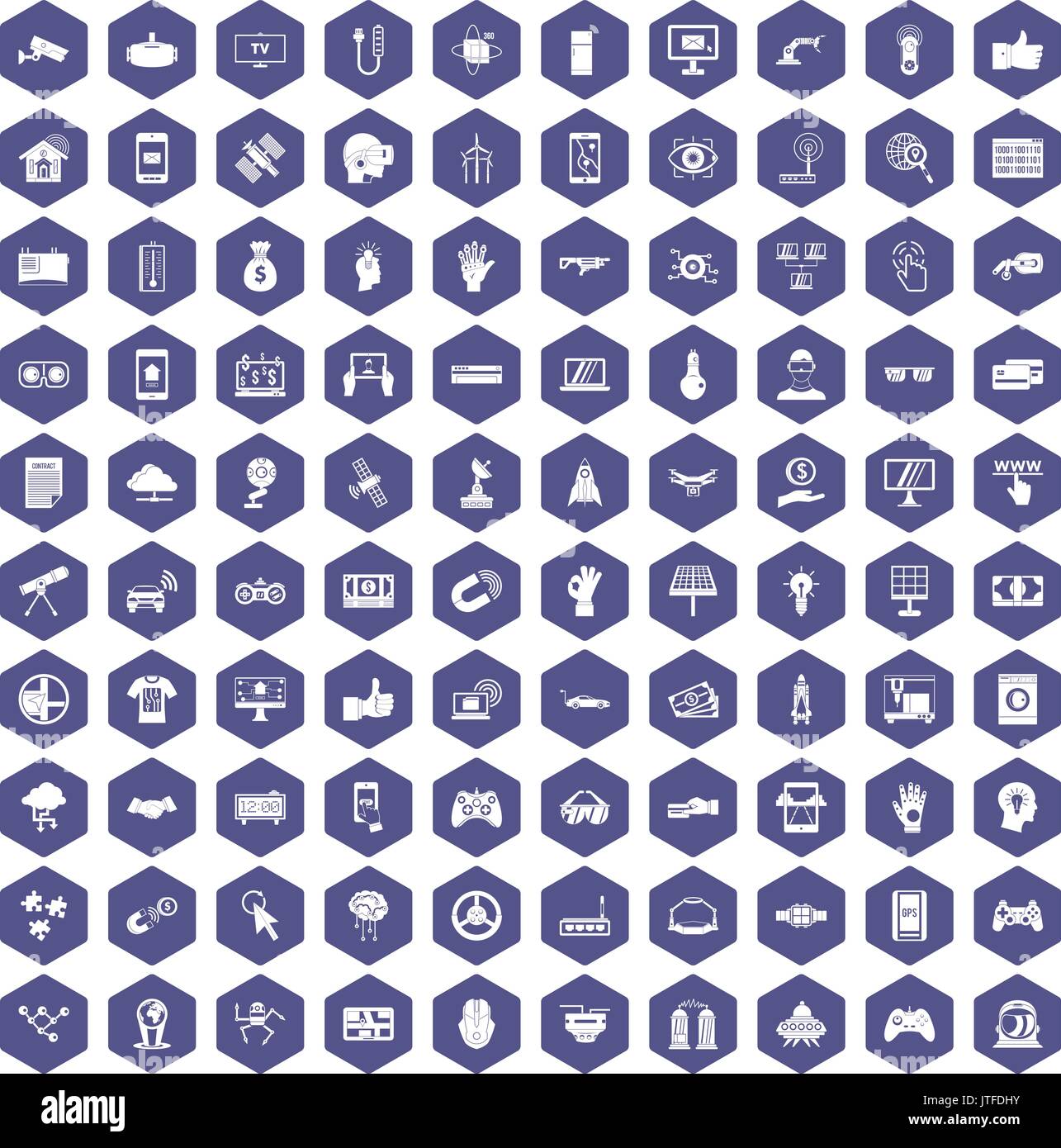100 hi-tech icons hexagon purple Stock Vector