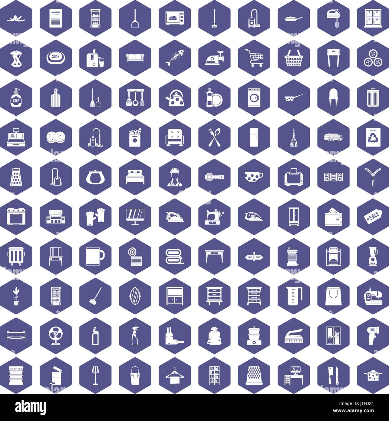100 housework icons hexagon purple Stock Vector