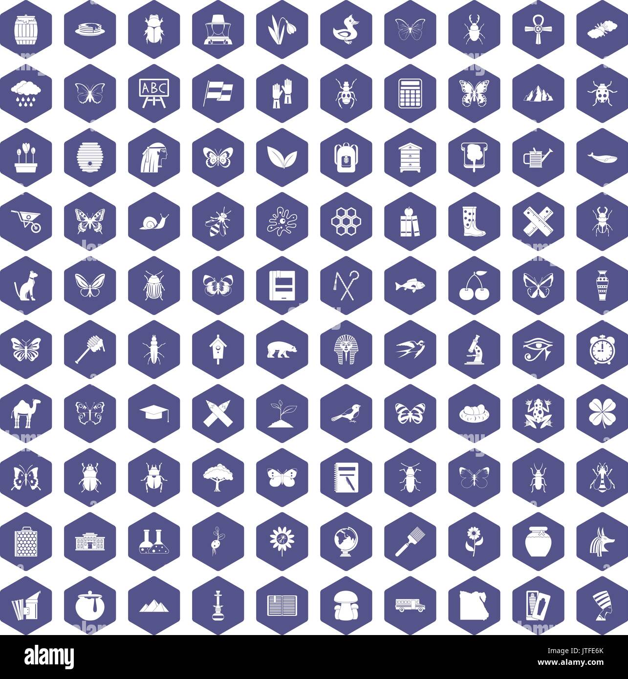 100 insects icons hexagon purple Stock Vector
