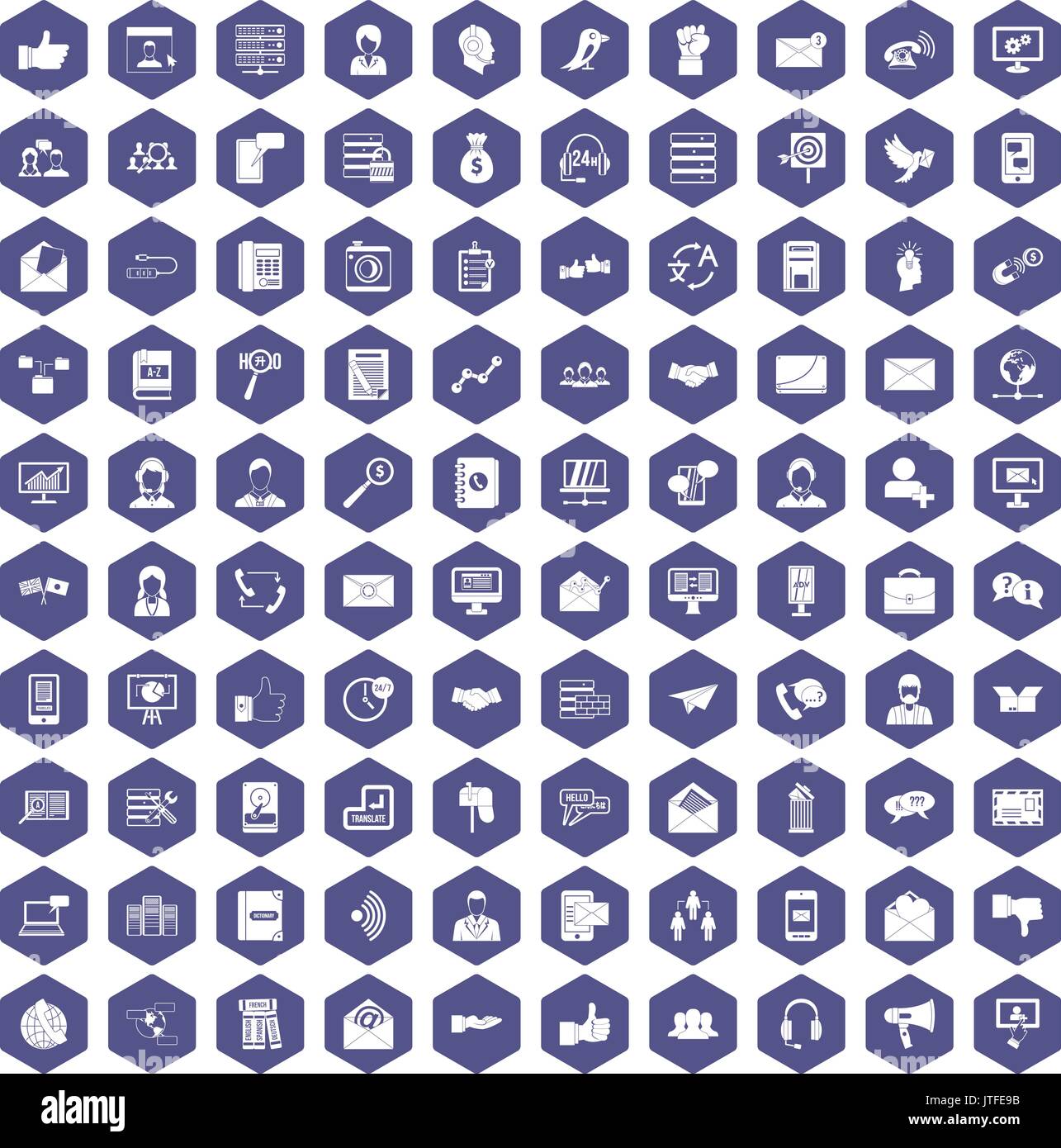 100 interaction icons hexagon purple Stock Vector