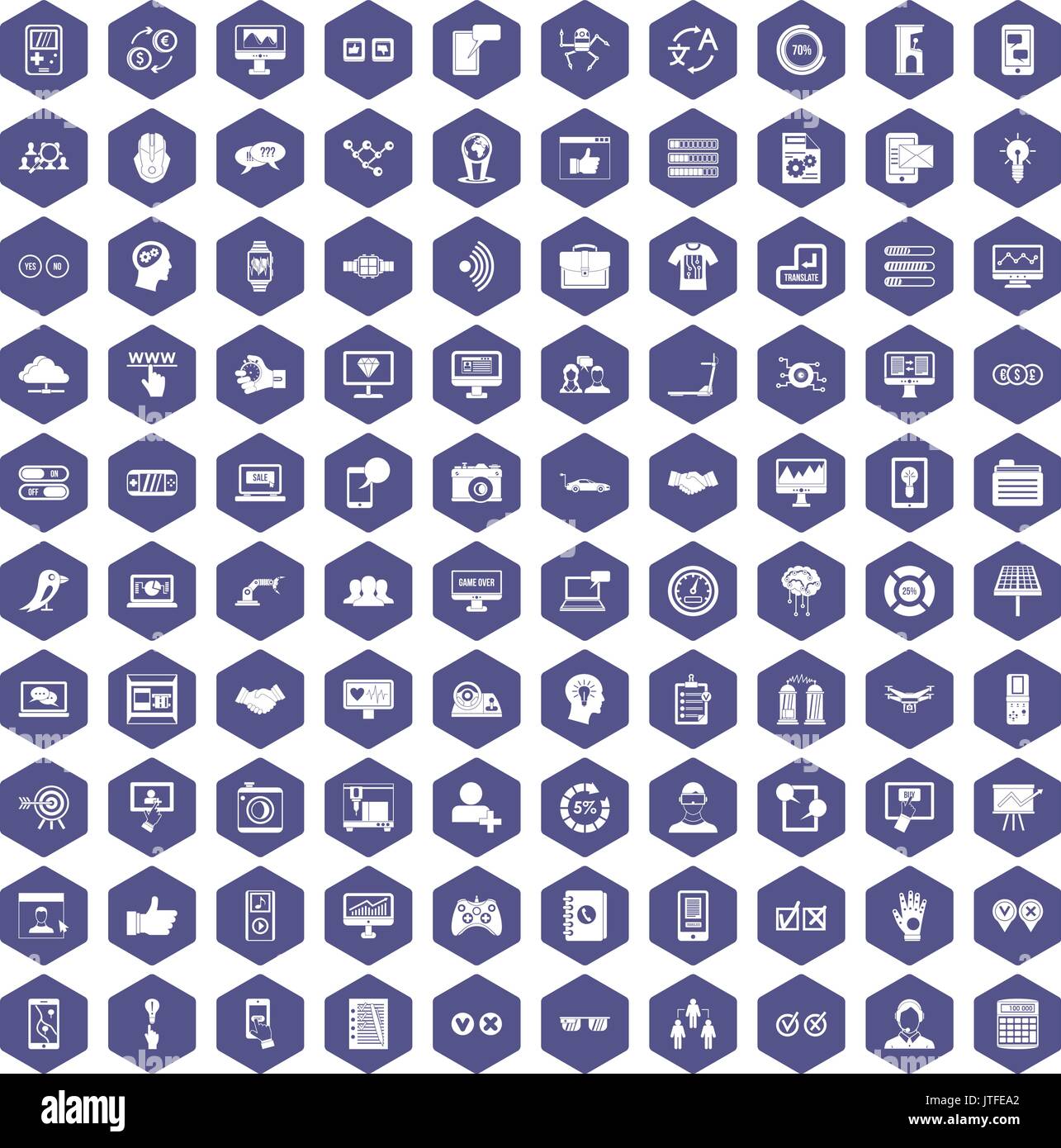 100 interface icons hexagon purple Stock Vector