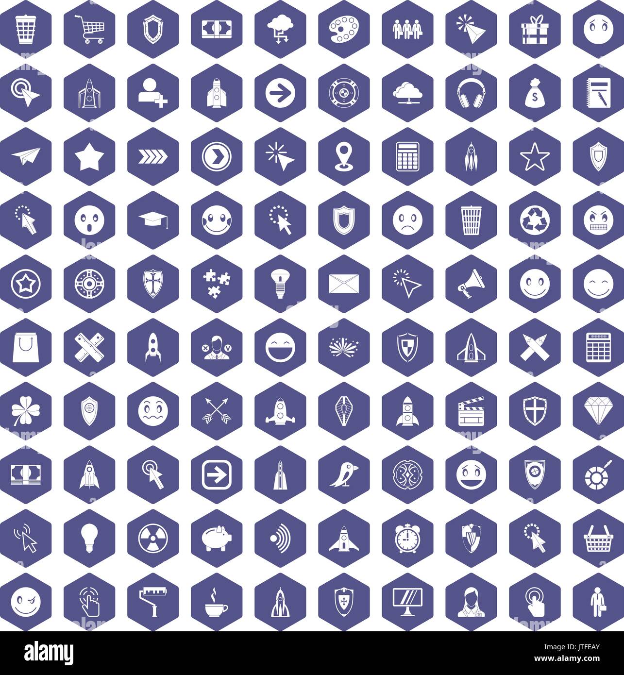 100 interface pictogram icons hexagon purple Stock Vector