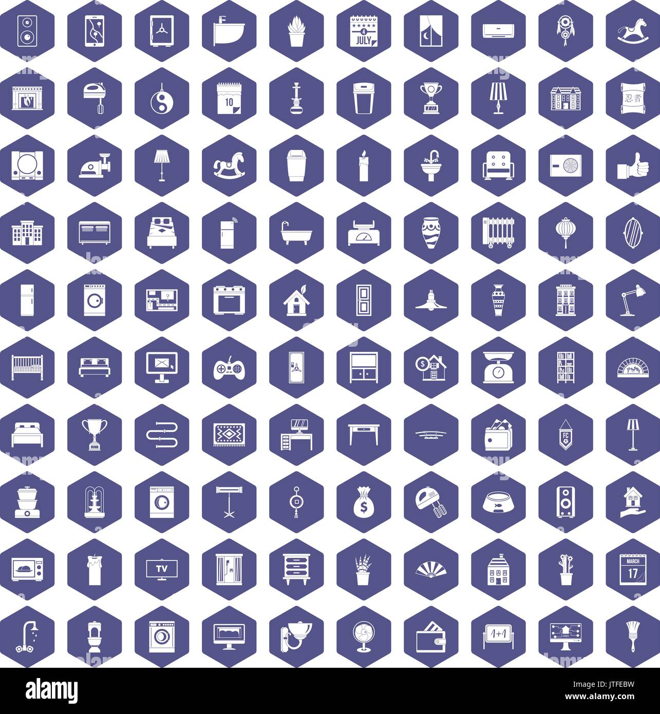 100 interior icons hexagon purple Stock Vector