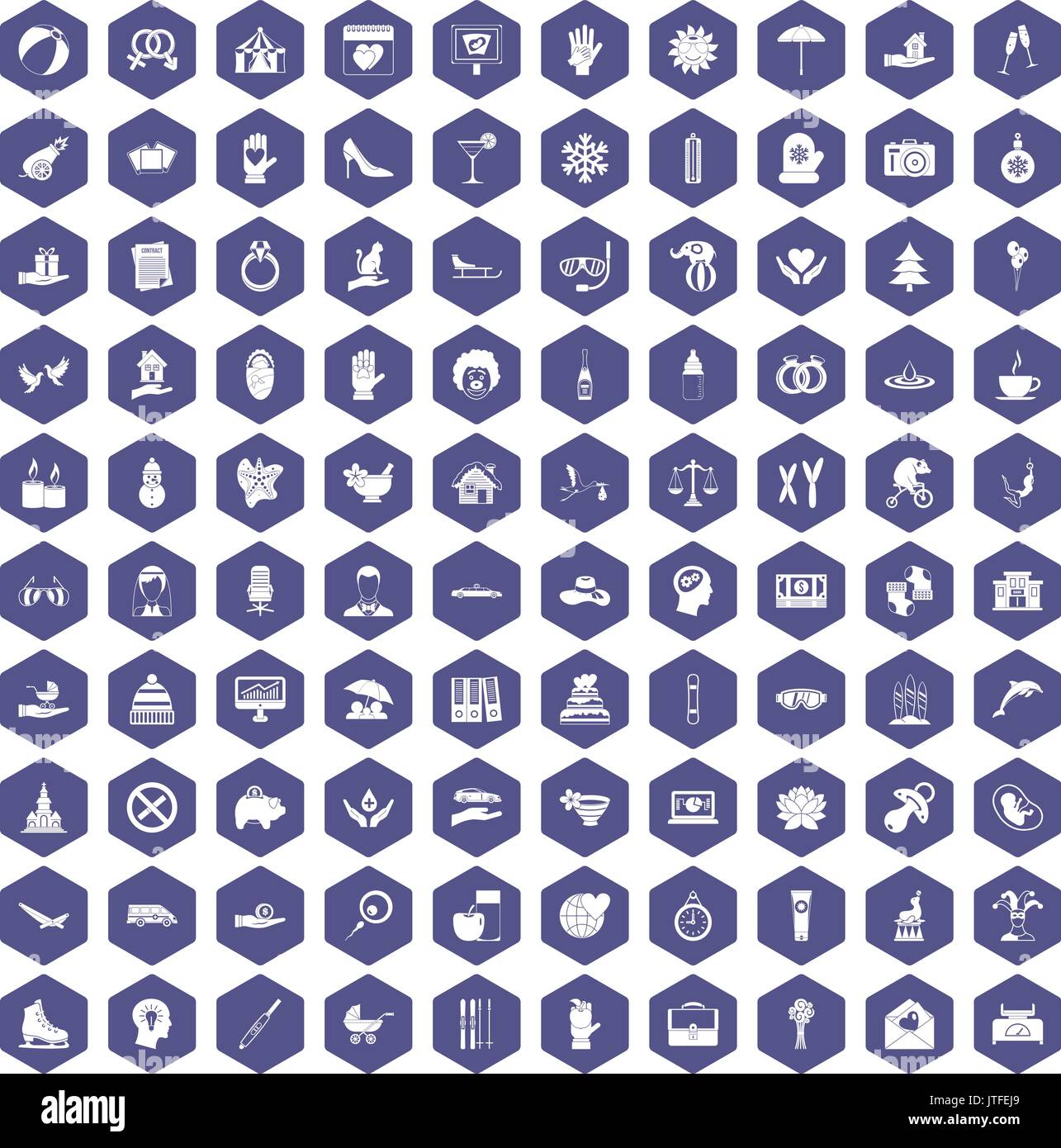 100 joy icons hexagon purple Stock Vector