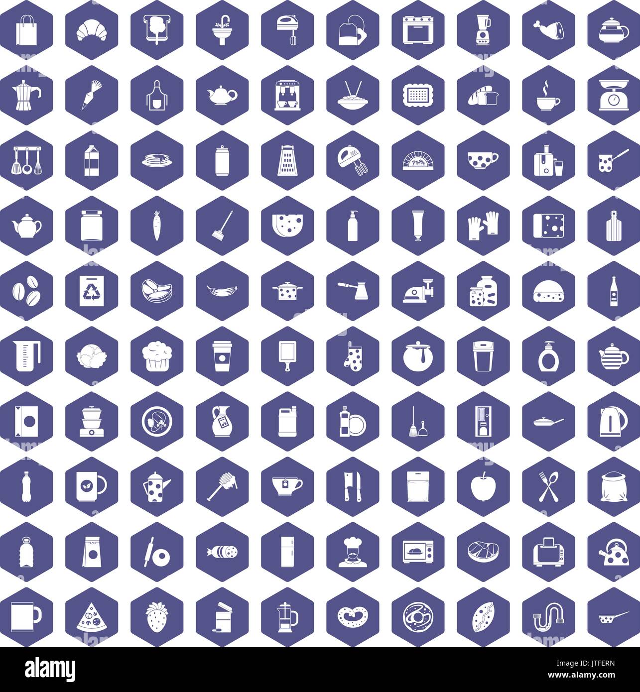 100 kitchen icons hexagon purple Stock Vector