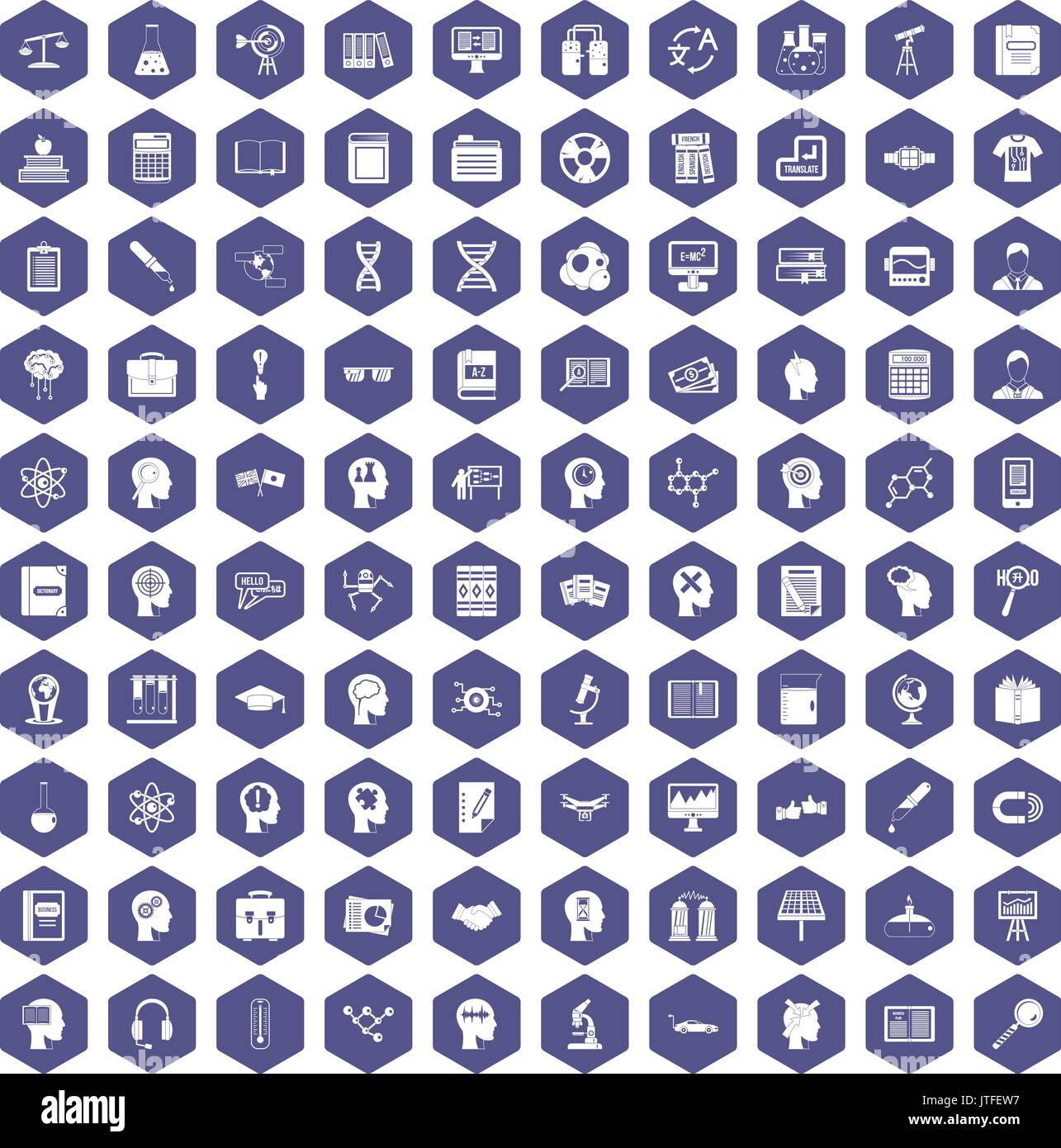 100 knowledge icons hexagon purple Stock Vector
