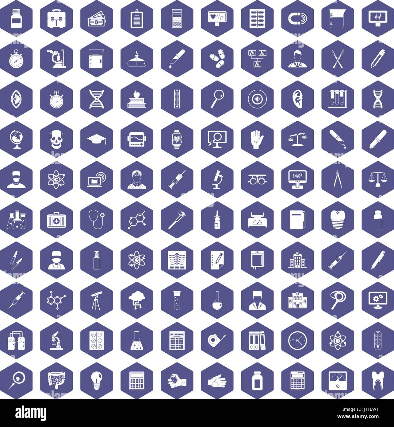100 lab icons hexagon purple Stock Vector