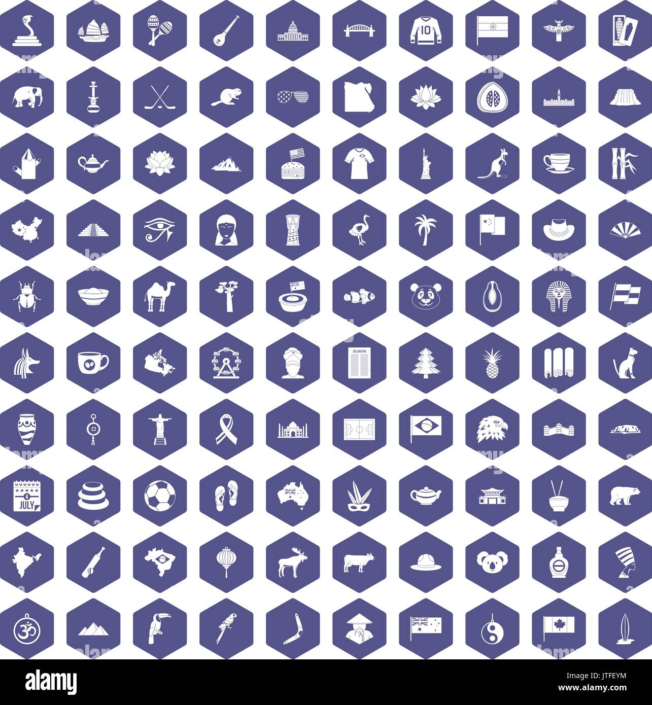 100 landmarks icons hexagon purple Stock Vector