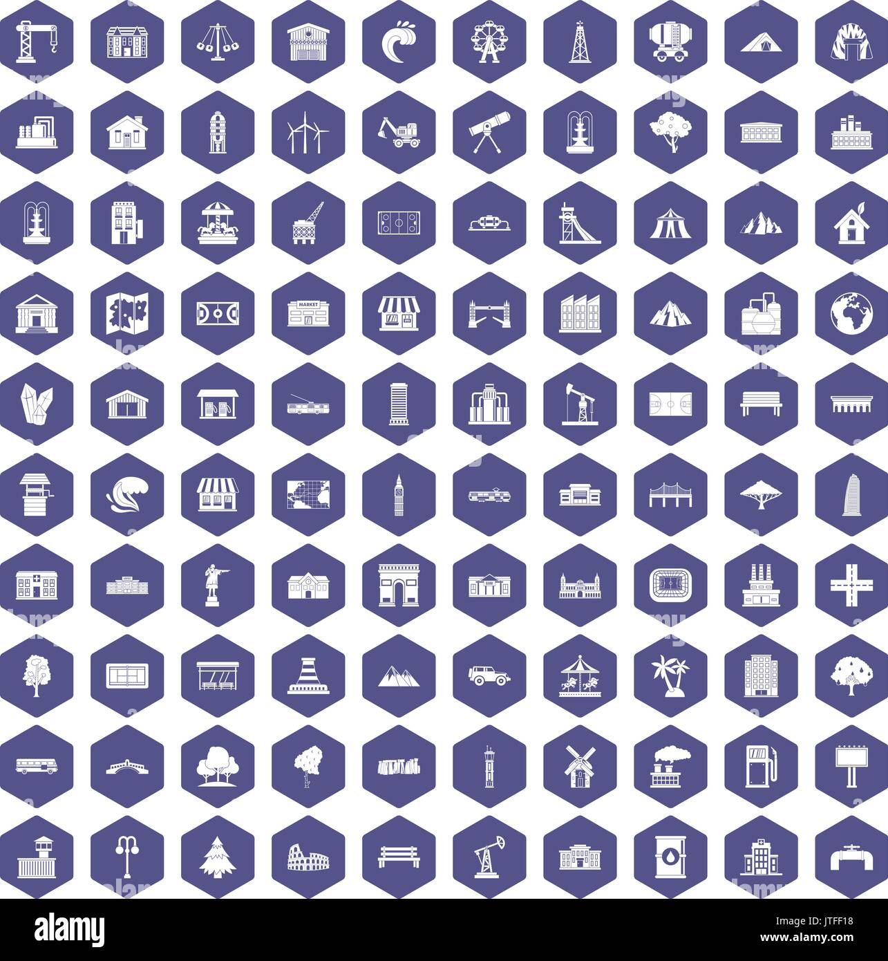 100 landscape element icons hexagon purple Stock Vector