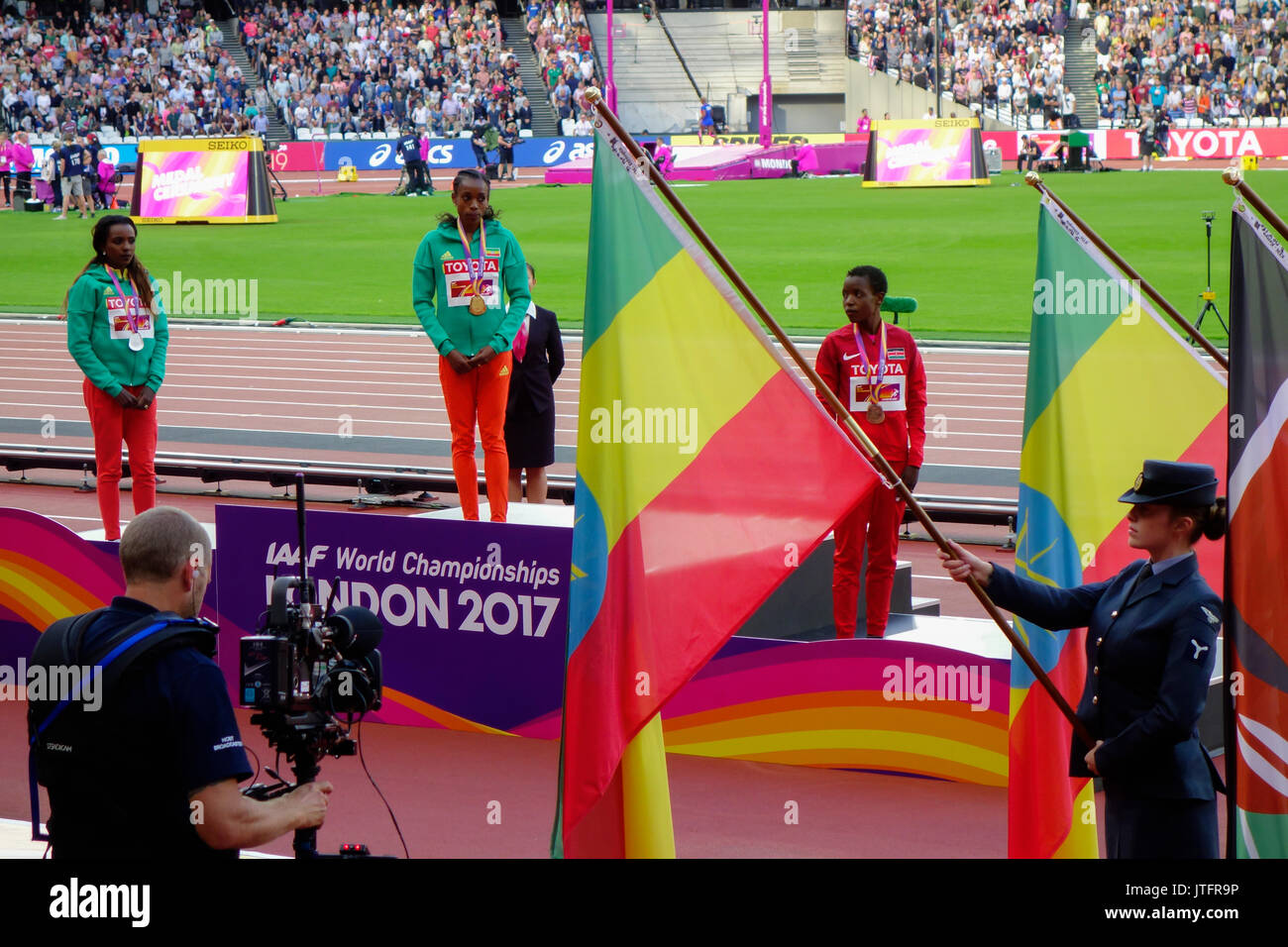 Tirunesh Dibaba of Ethiopia, silver, Almaz Ayana of Ethiopia, gold and Agnes Jebet Tirop of Kenya, bronze at IAAF World Championships London 2017. Stock Photo