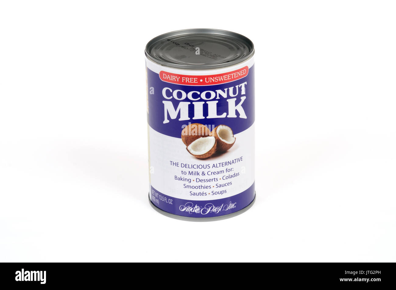 Unopened can of unsweetened dairy free coconut milk on white background.  Cut-out Stock Photo