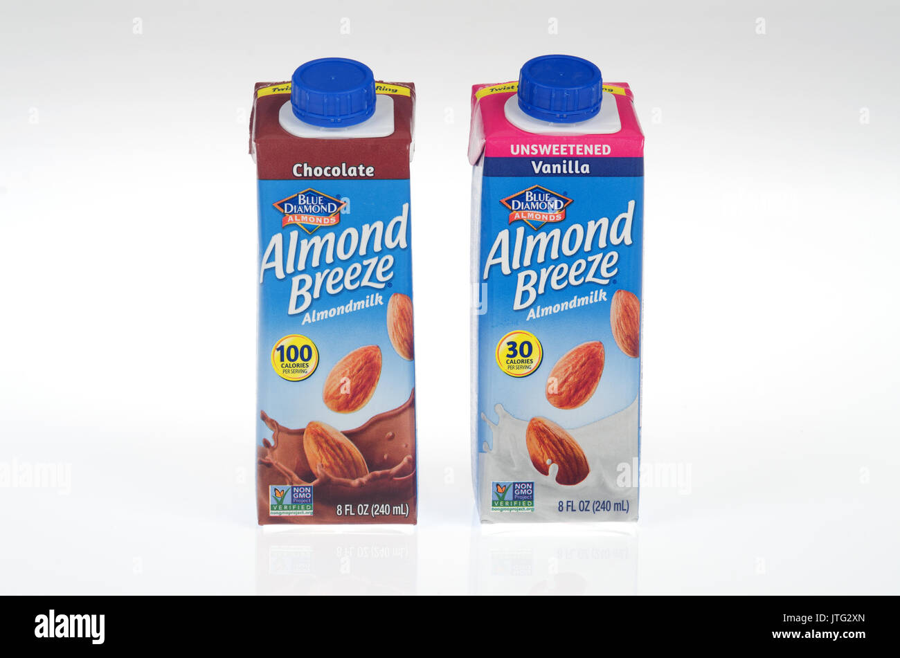 2 cartons of Almond Breeze Almond Milk-1 chocolate and 1 unsweetened vanilla on white background, cut out. USA Stock Photo