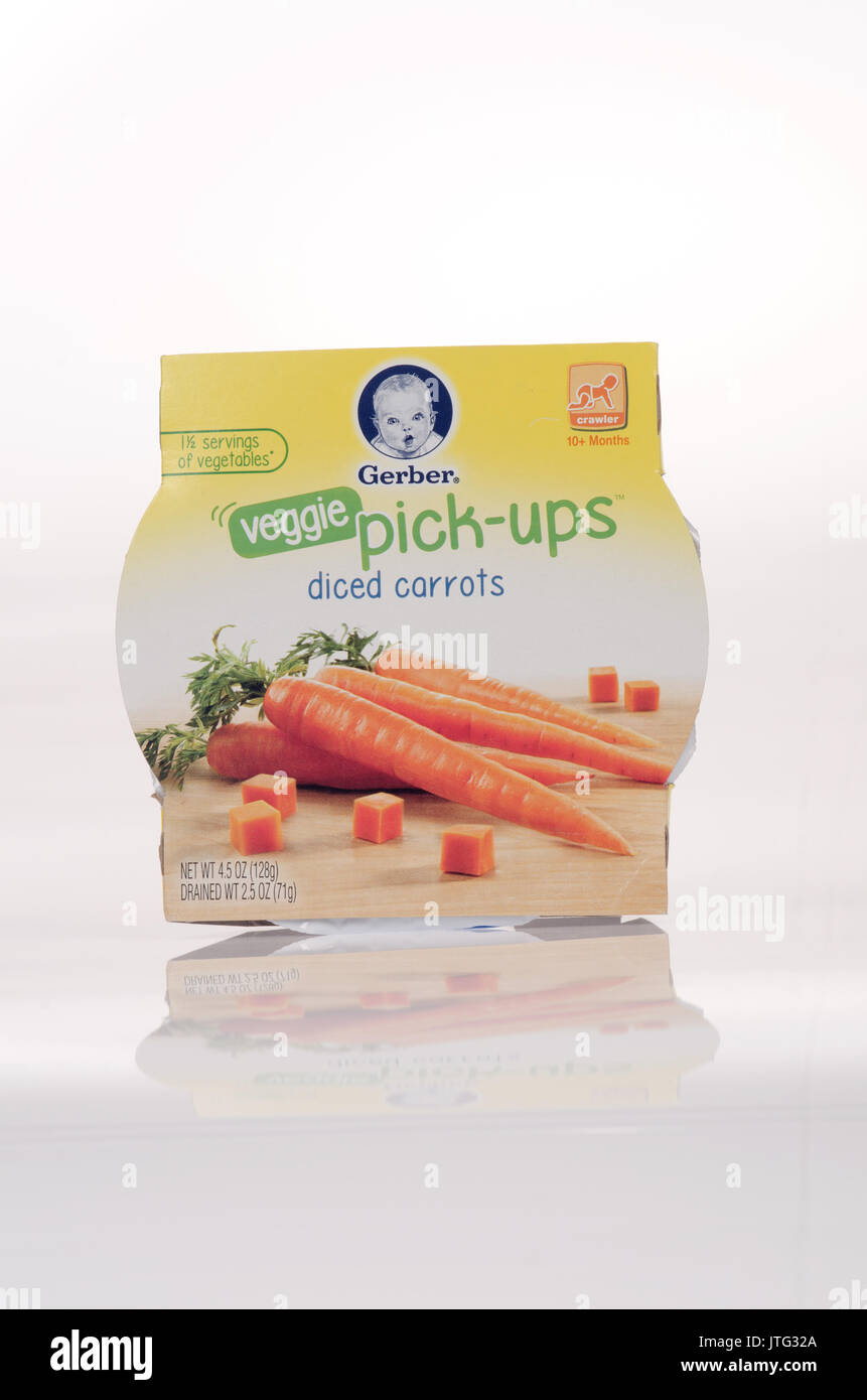 Package of Gerber baby food-veggie pick-ups diced carrots on white background, USA Stock Photo